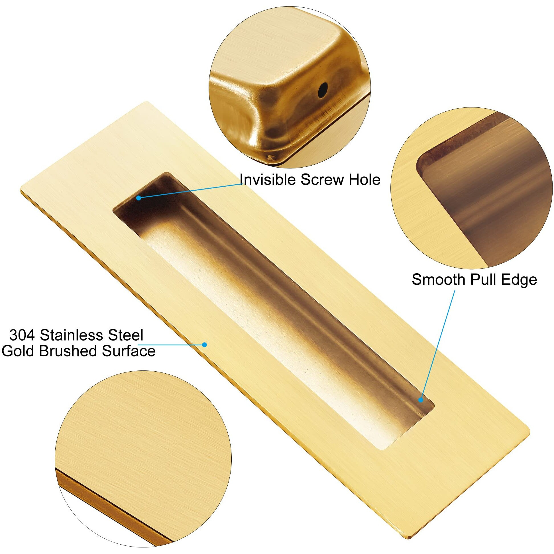 Malimali 6 Inch Recessed Finger Flush Pulls For Pocket Door Closet Door  Sliding Barn Door Handle  Brushed Gold Stainless Steel Rectangular Door Pulls Hardware(2 Pack)