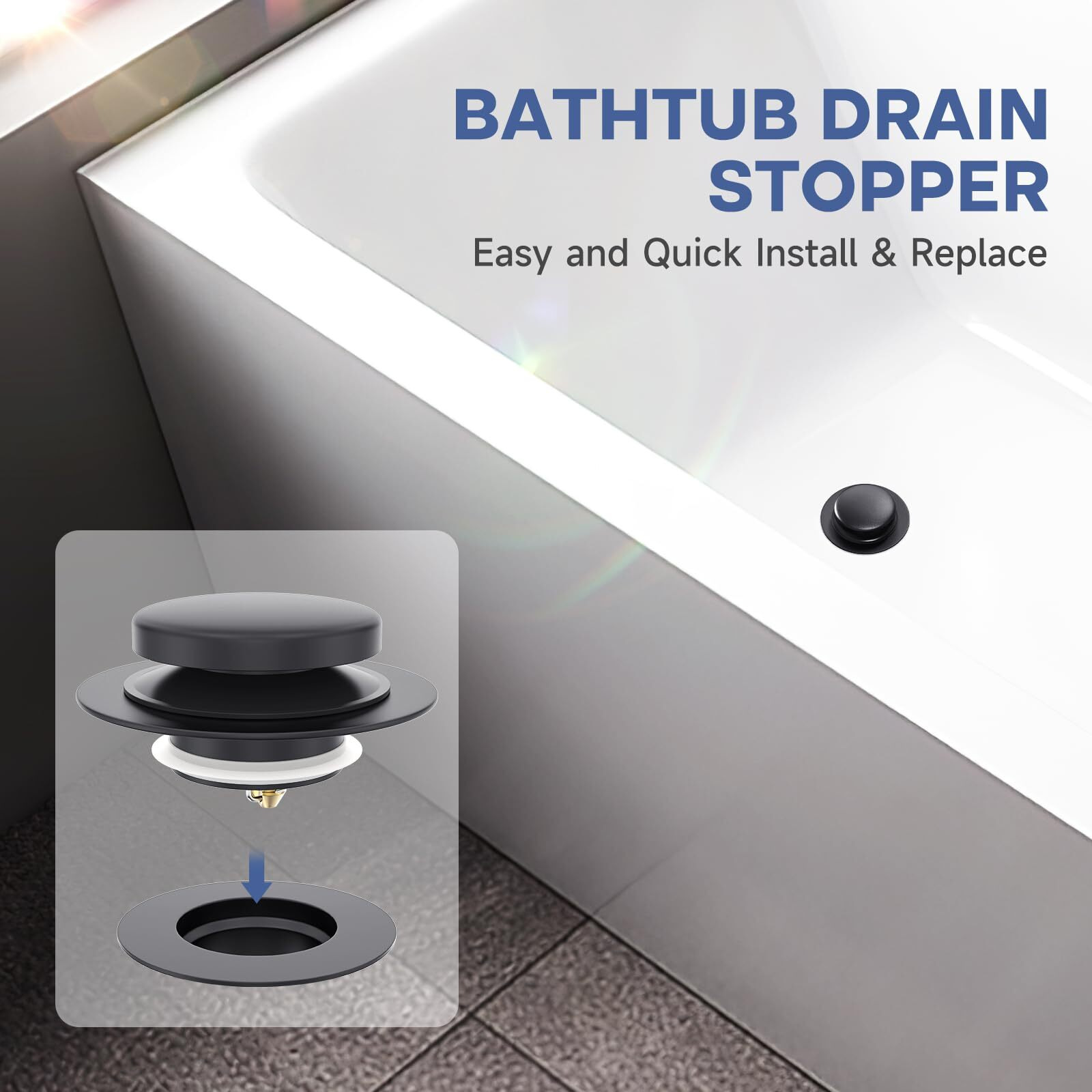 Matte Black Universal Tip Toe Tub Stopper Replacement  Pop Up Bathtub Drain Stoppers  Bathroom Bath Tub Drains Plug  Replaces Lift And Turn  Tip-Toe And Trip Lever Drains For Tub  Easy Install