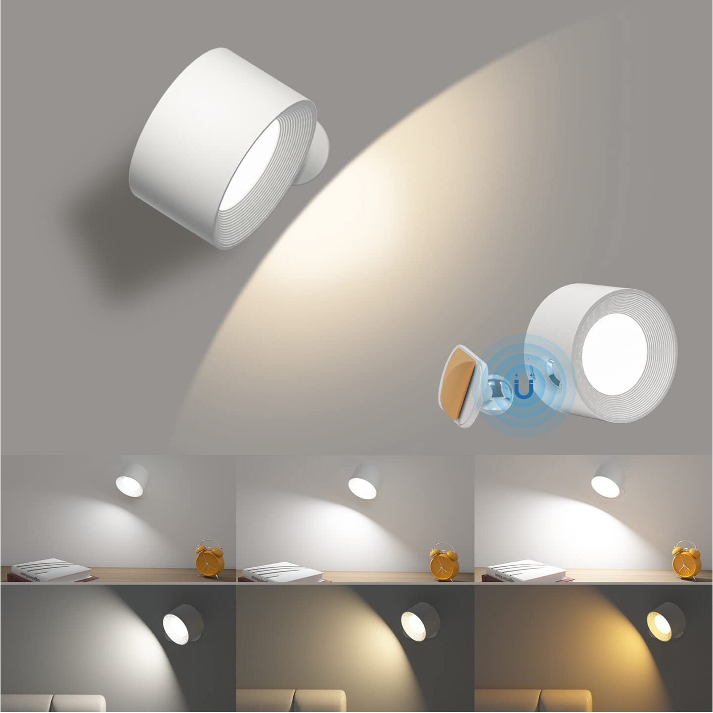 Aksda Battery Operated Wall Light  Led Lamp With 360Adjustable Lighting Indoor Light 3 Color Modes Brightness Levels Touch Control  Mounted For Bedroom Reading Bedside-1Pack White