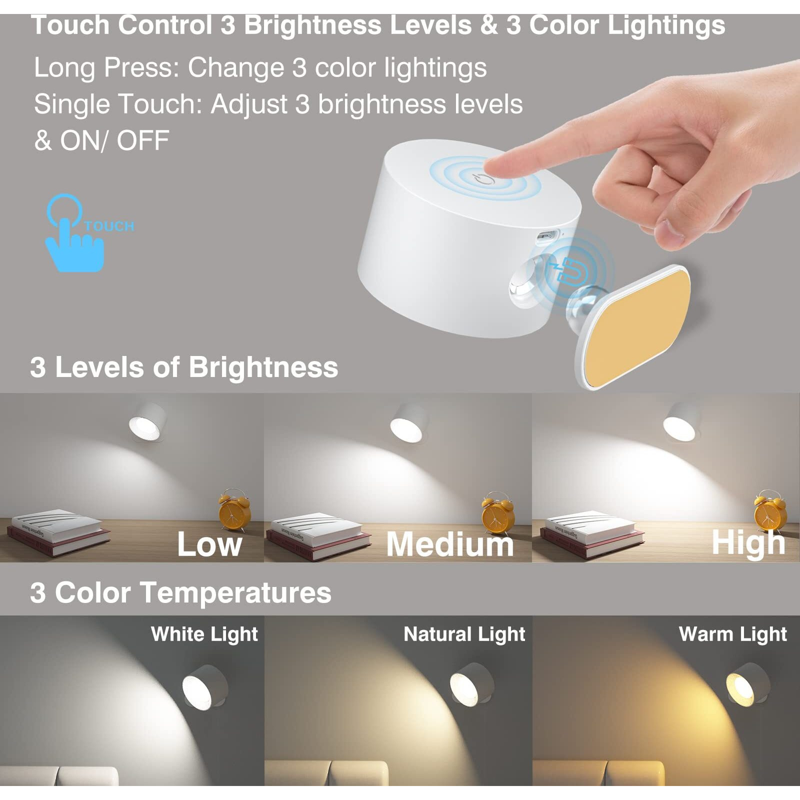 Aksda Battery Operated Wall Light  Led Lamp With 360Adjustable Lighting Indoor Light 3 Color Modes Brightness Levels Touch Control  Mounted For Bedroom Reading Bedside-1Pack White