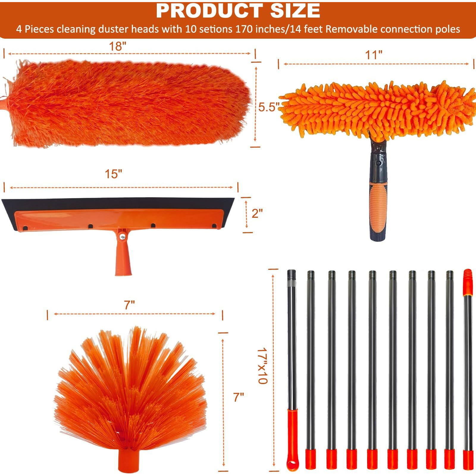 20+ Feet High Reach Duster Kit With 3-14 Ft Extension Pole // High Ceiling Dusting And Window Cleaning Kit With Spliceable Pole - Window Washer & Squeegee  Cobweb Duster  Fan Blade And Feather Dusters