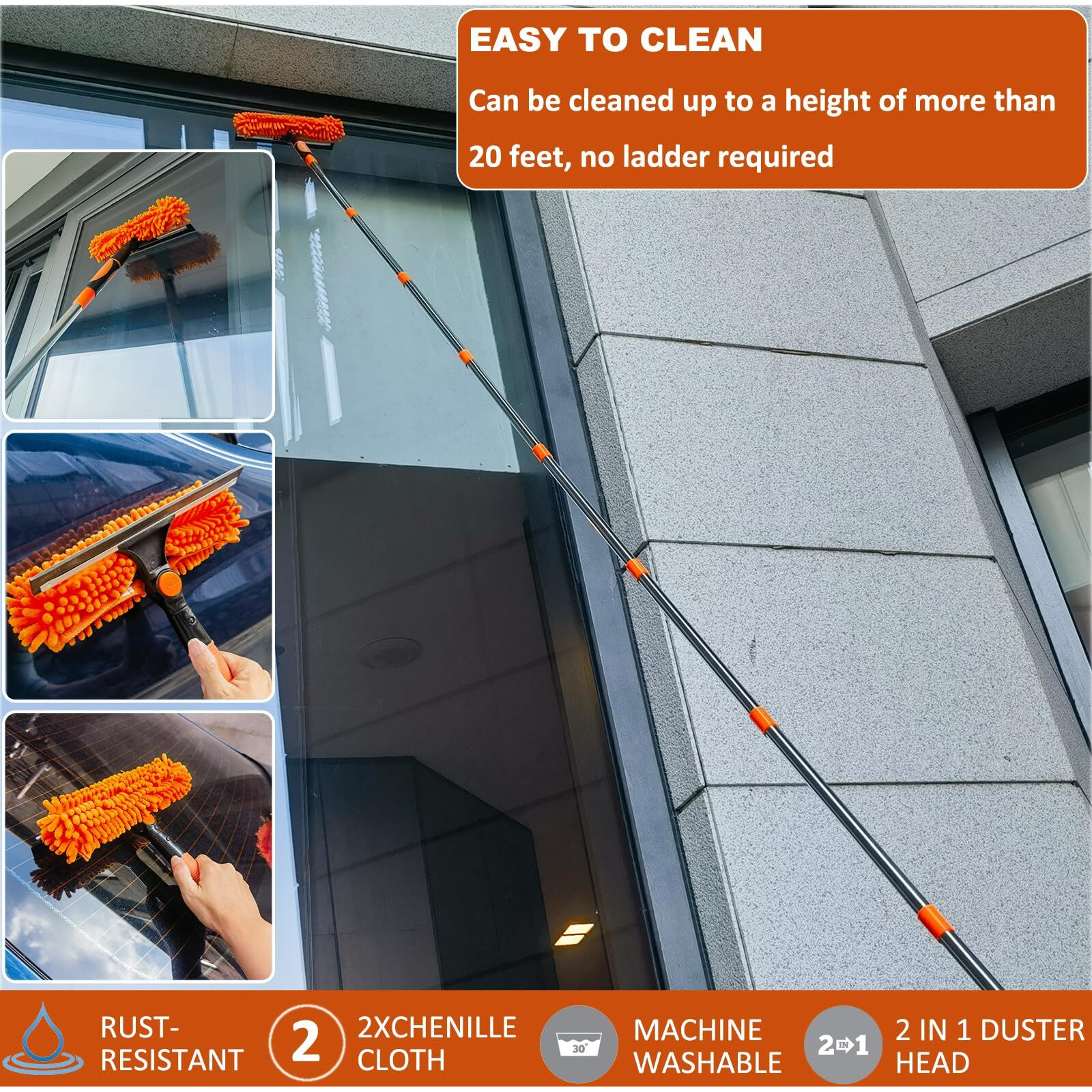 20+ Feet High Reach Duster Kit With 3-14 Ft Extension Pole // High Ceiling Dusting And Window Cleaning Kit With Spliceable Pole - Window Washer & Squeegee  Cobweb Duster  Fan Blade And Feather Dusters
