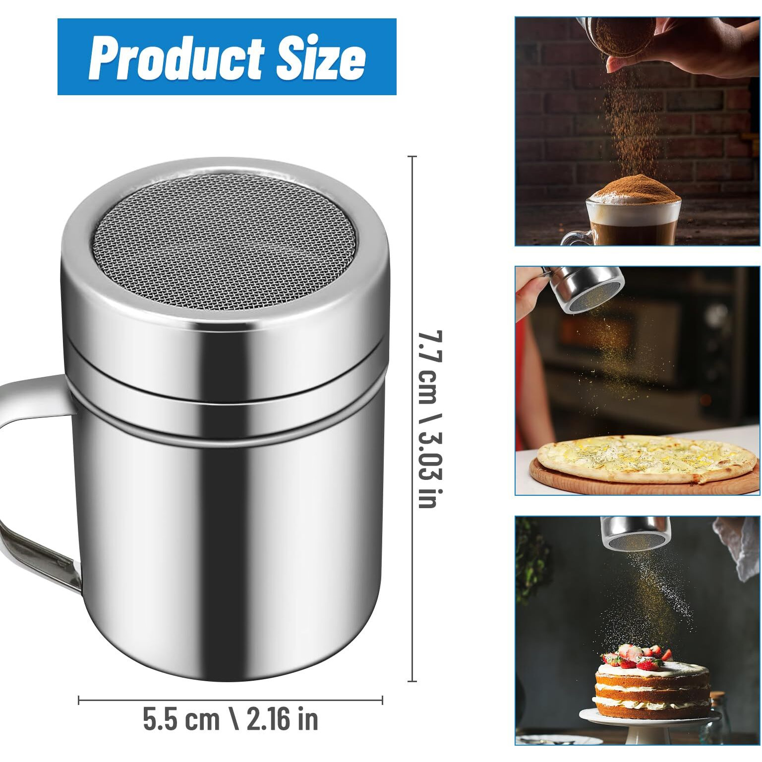 2 Pcs Powdered Sugar Shaker Duster With Handle  Stainless Steel Fine Mesh Shaker Powder Cans With Plastic Lid  Sifter Dredge Shaker For Powder Sugar Cinnamon Cocoa Pepper Coffee Flour