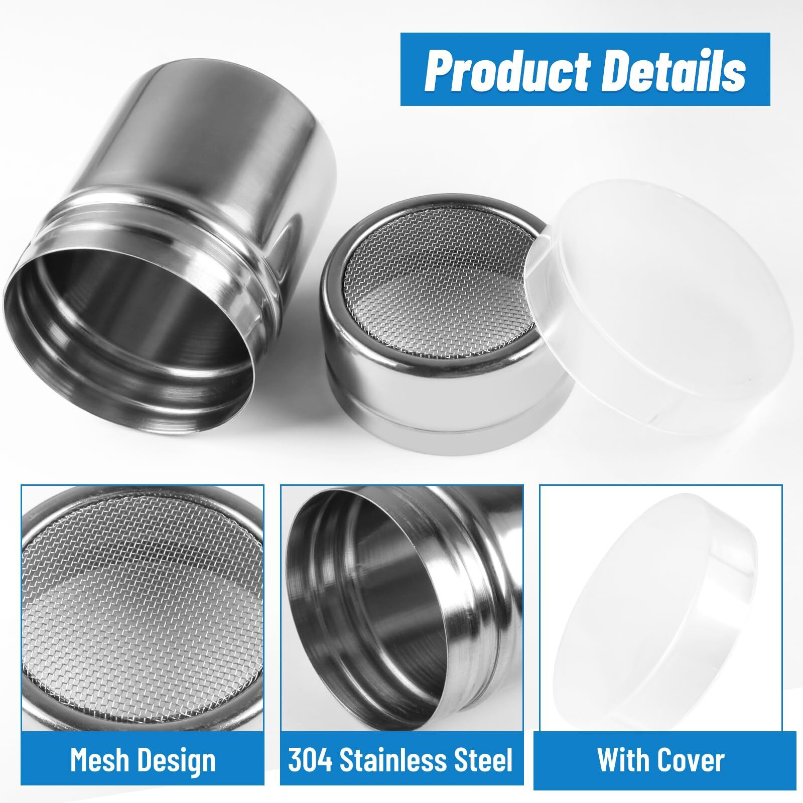 2 Pcs Powdered Sugar Shaker Duster With Handle  Stainless Steel Fine Mesh Shaker Powder Cans With Plastic Lid  Sifter Dredge Shaker For Powder Sugar Cinnamon Cocoa Pepper Coffee Flour