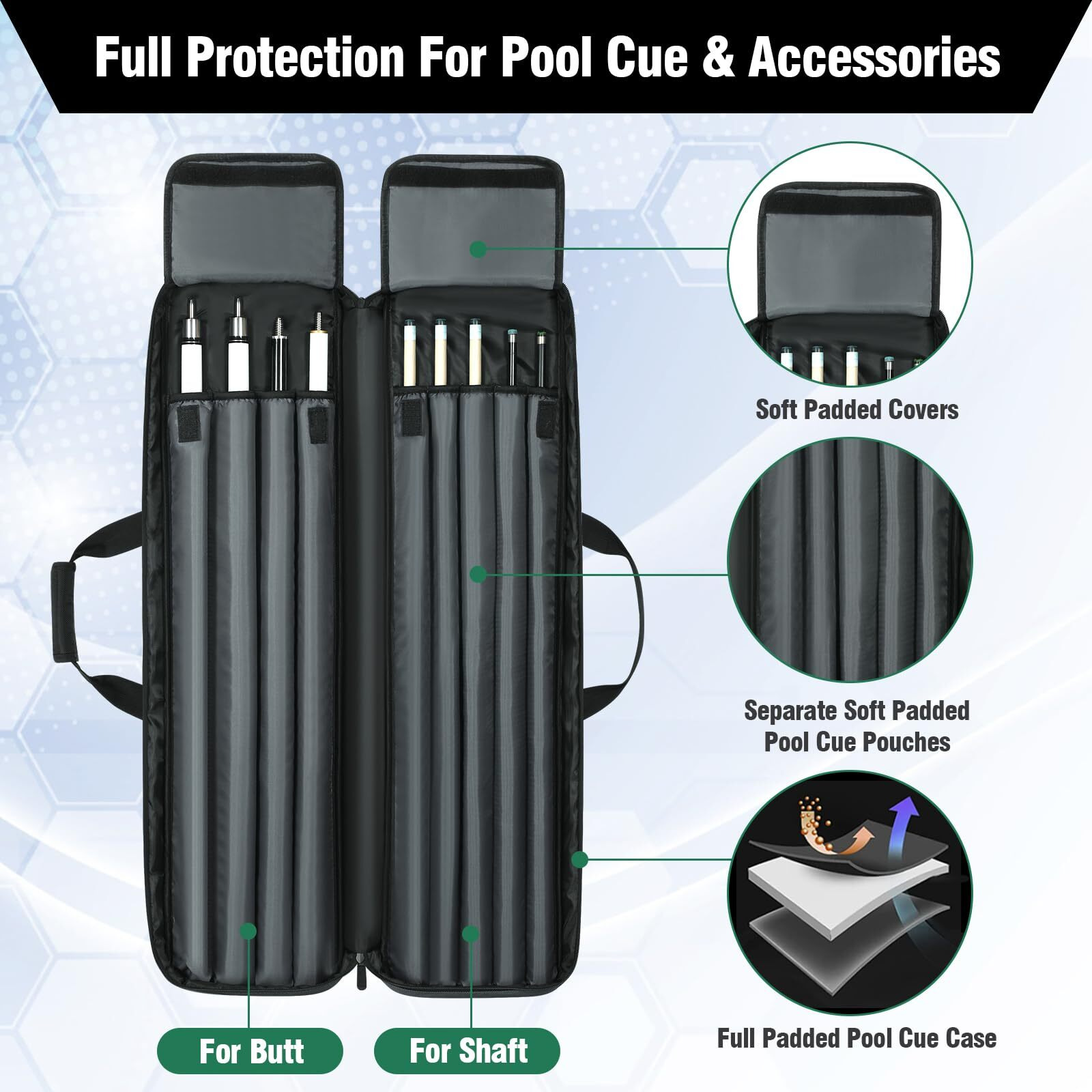 Aleemin Pool Cue Case 4X5  Pool Cue Carrying Case Soft Padded Billiard Stick Bag With Multi-Pocket For 4 Butts And 5 Shafts  Pool Stick Case With Shoulder Straps For Pool Cue