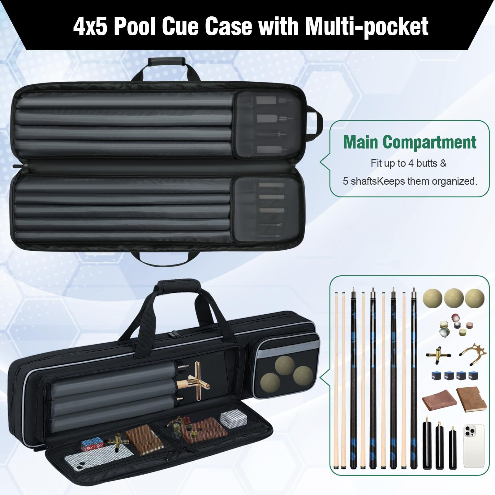 Aleemin Pool Cue Case 4X5  Pool Cue Carrying Case Soft Padded Billiard Stick Bag With Multi-Pocket For 4 Butts And 5 Shafts  Pool Stick Case With Shoulder Straps For Pool Cue