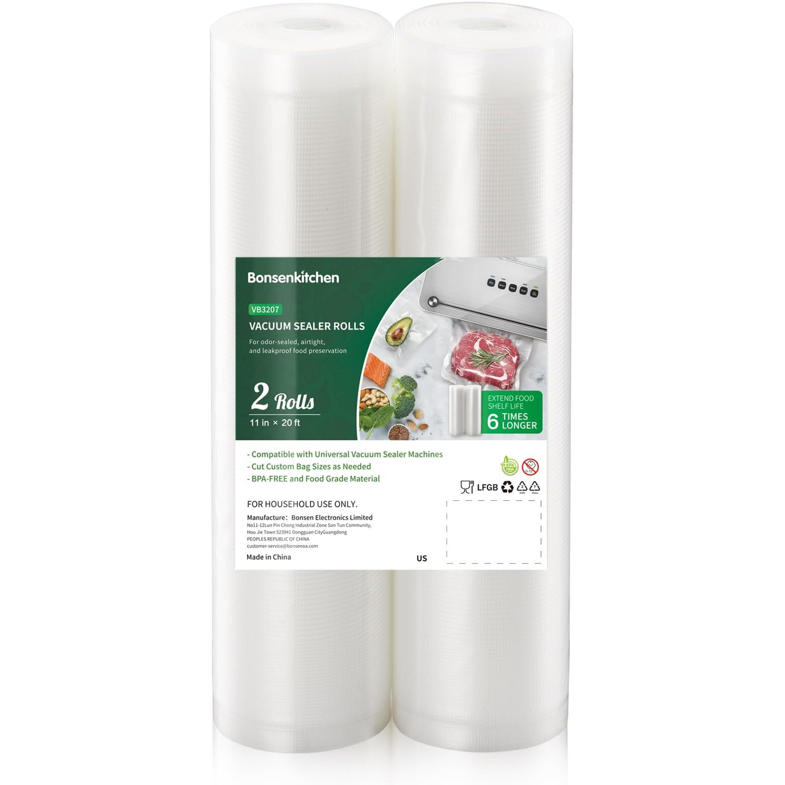 Bonsenkitchen Vacuum Food Sealer Rolls Bags  2 Packs 11 In X 20 Ft Storage Bags  Bpa Free  Durable Commercial Customized Size Food Bags For Food Storage And Sous Vide Cooking