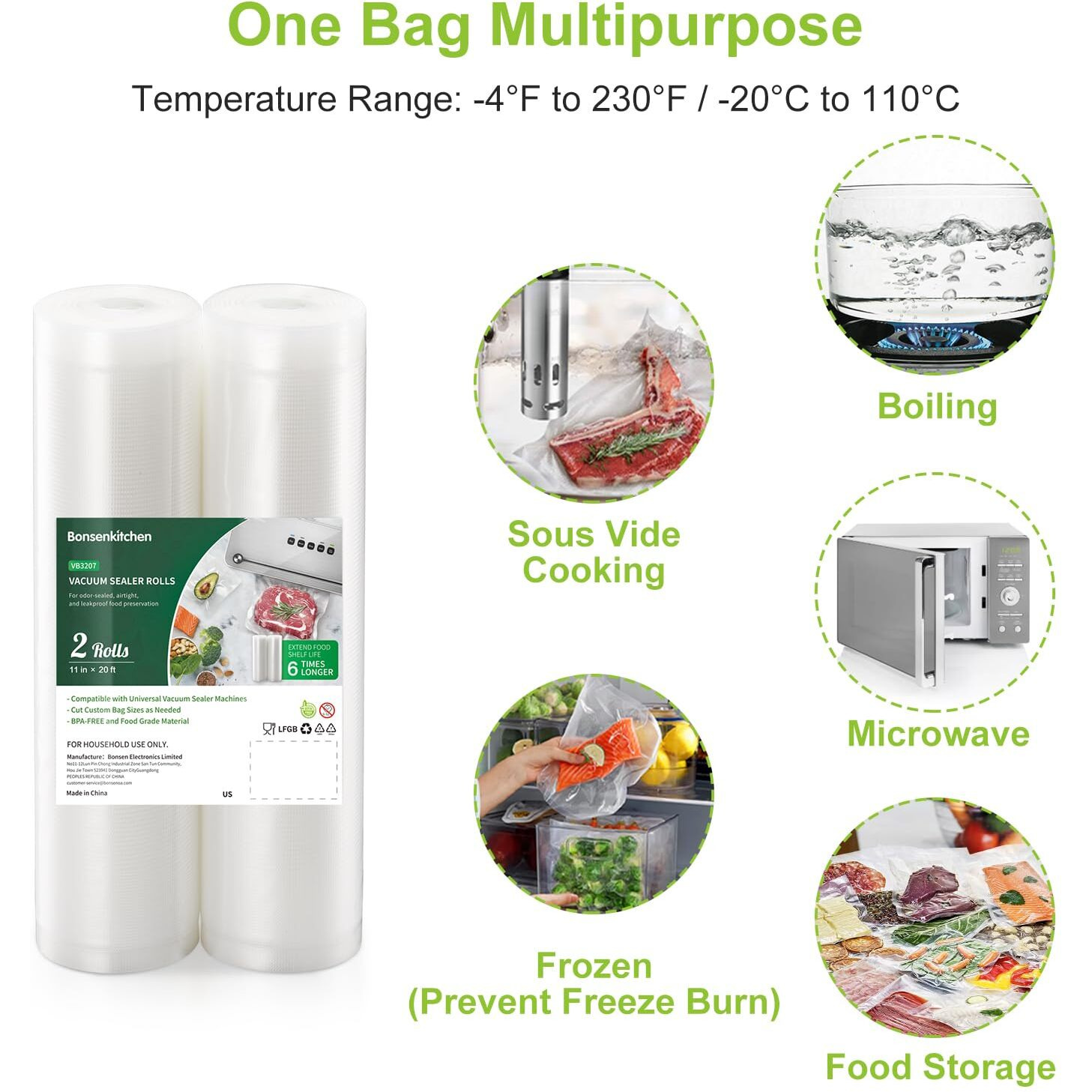 Bonsenkitchen Vacuum Food Sealer Rolls Bags  2 Packs 11 In X 20 Ft Storage Bags  Bpa Free  Durable Commercial Customized Size Food Bags For Food Storage And Sous Vide Cooking