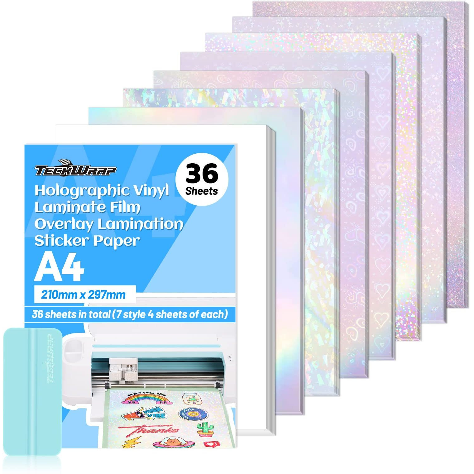 Teckwrap Holographic Sticker Paper Clear Overlay Lamination Vinyl Matte White Inkjet Printable Vinyl 8.26"" X 11.69"" A4 Size 36 Sheets/Pack Laminate Sticker Film For Craft  Scrapbooking  Craft Cutters