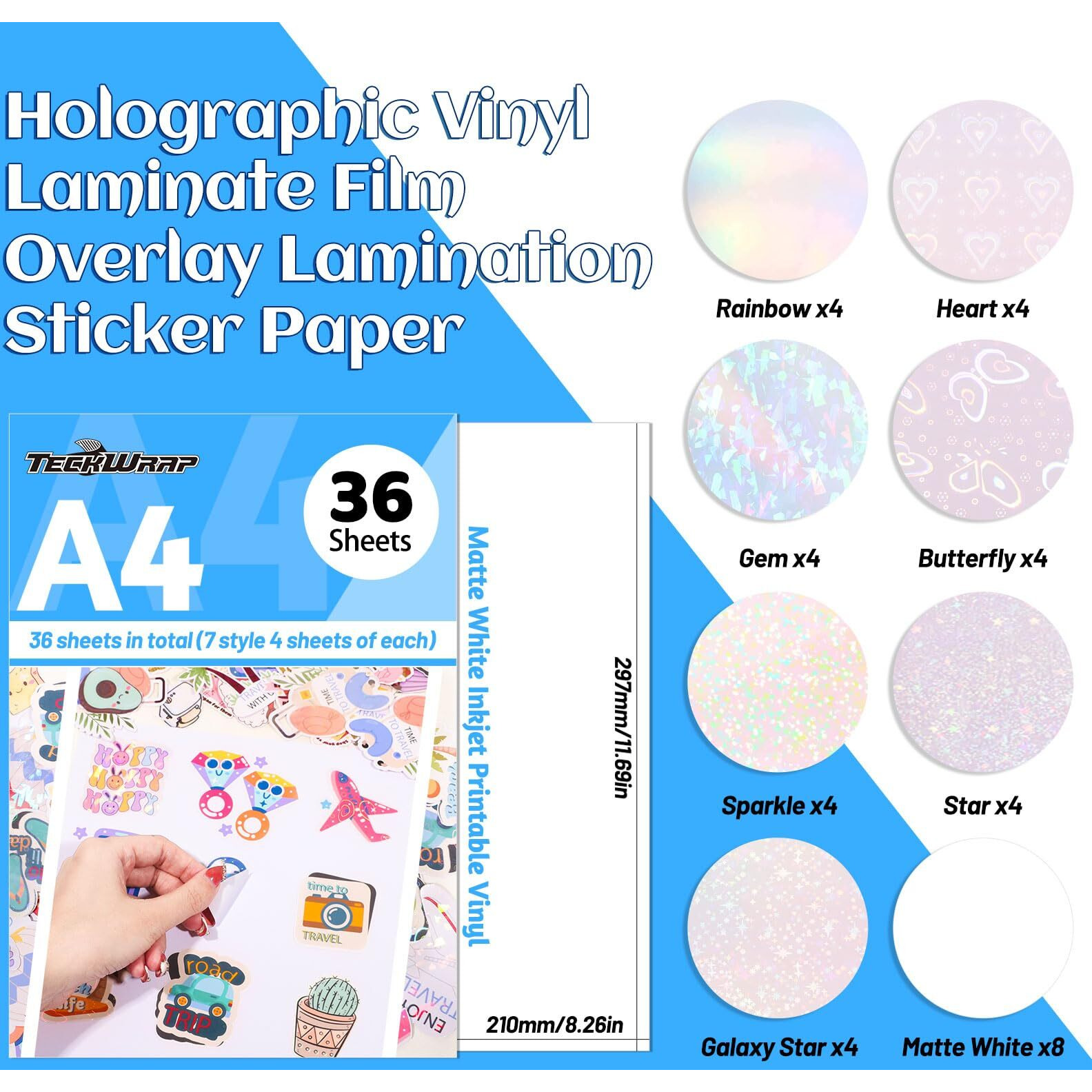 Teckwrap Holographic Sticker Paper Clear Overlay Lamination Vinyl Matte White Inkjet Printable Vinyl 8.26"" X 11.69"" A4 Size 36 Sheets/Pack Laminate Sticker Film For Craft  Scrapbooking  Craft Cutters