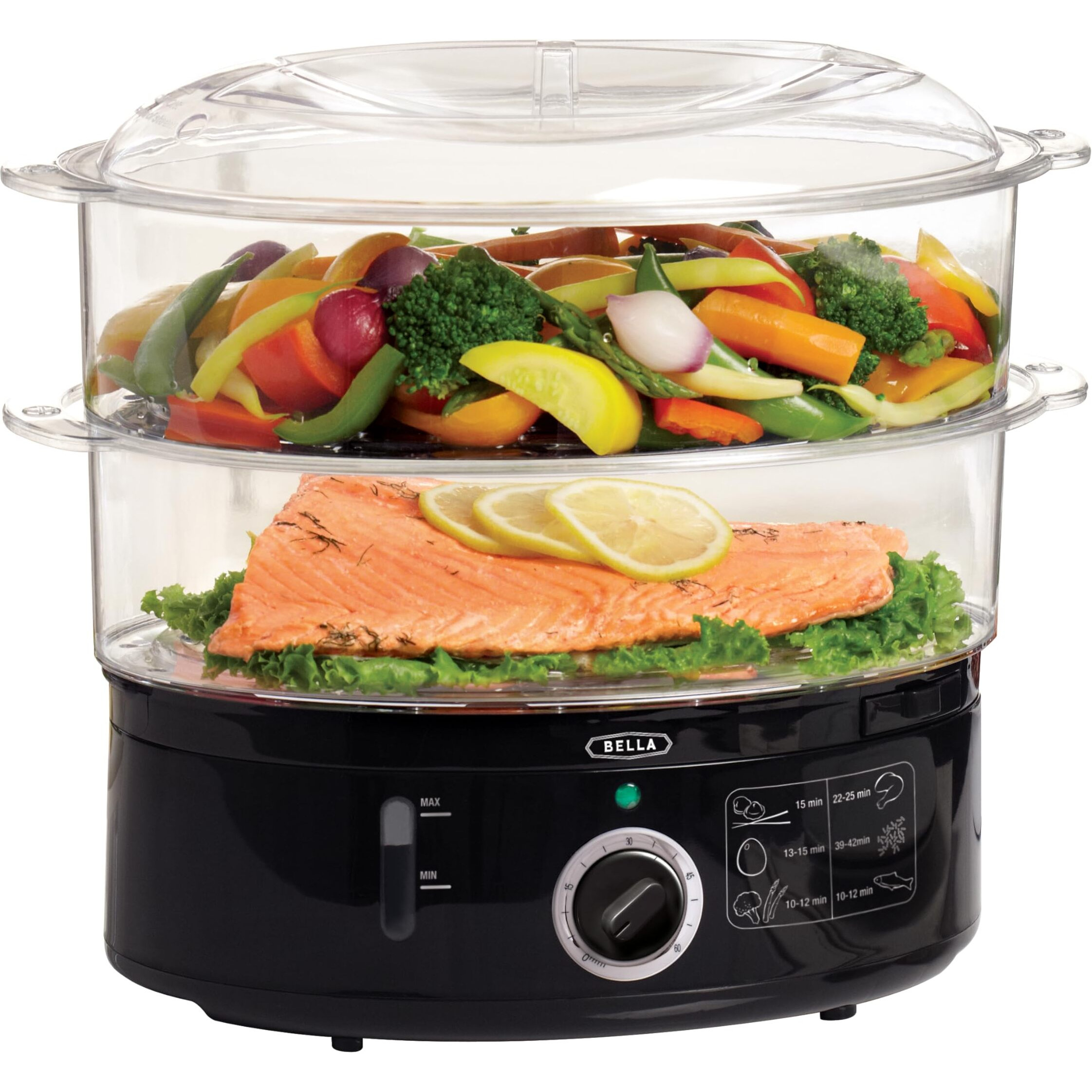 Bella Two Tier Food Steamer With Dishwasher Safe Lids And Stackable Baskets & Removable Base For Fast Simultaneous Cooking - Auto Shutoff & Boil Dry Protection  Stainless Steel  7.4 Qt  Black