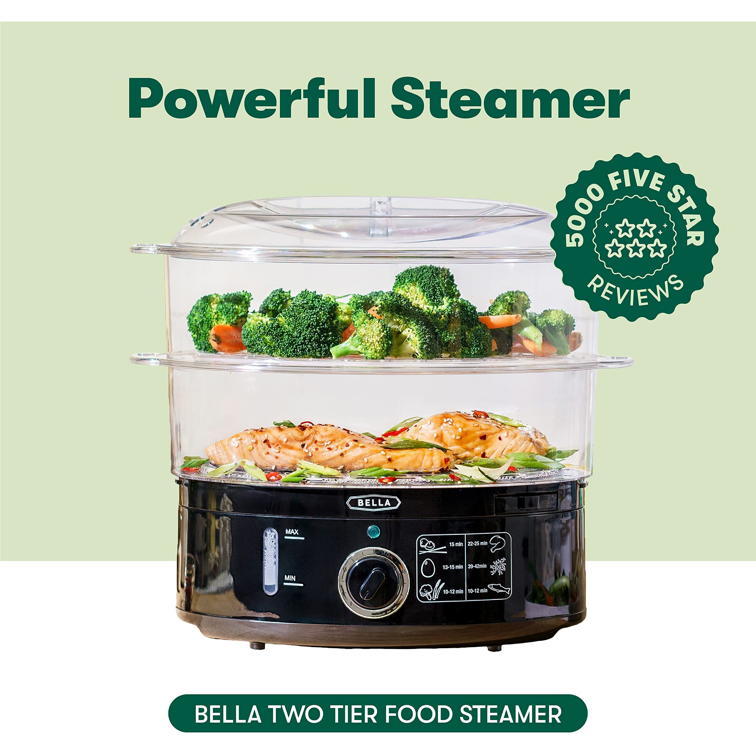 Bella Two Tier Food Steamer With Dishwasher Safe Lids And Stackable Baskets & Removable Base For Fast Simultaneous Cooking - Auto Shutoff & Boil Dry Protection  Stainless Steel  7.4 Qt  Black