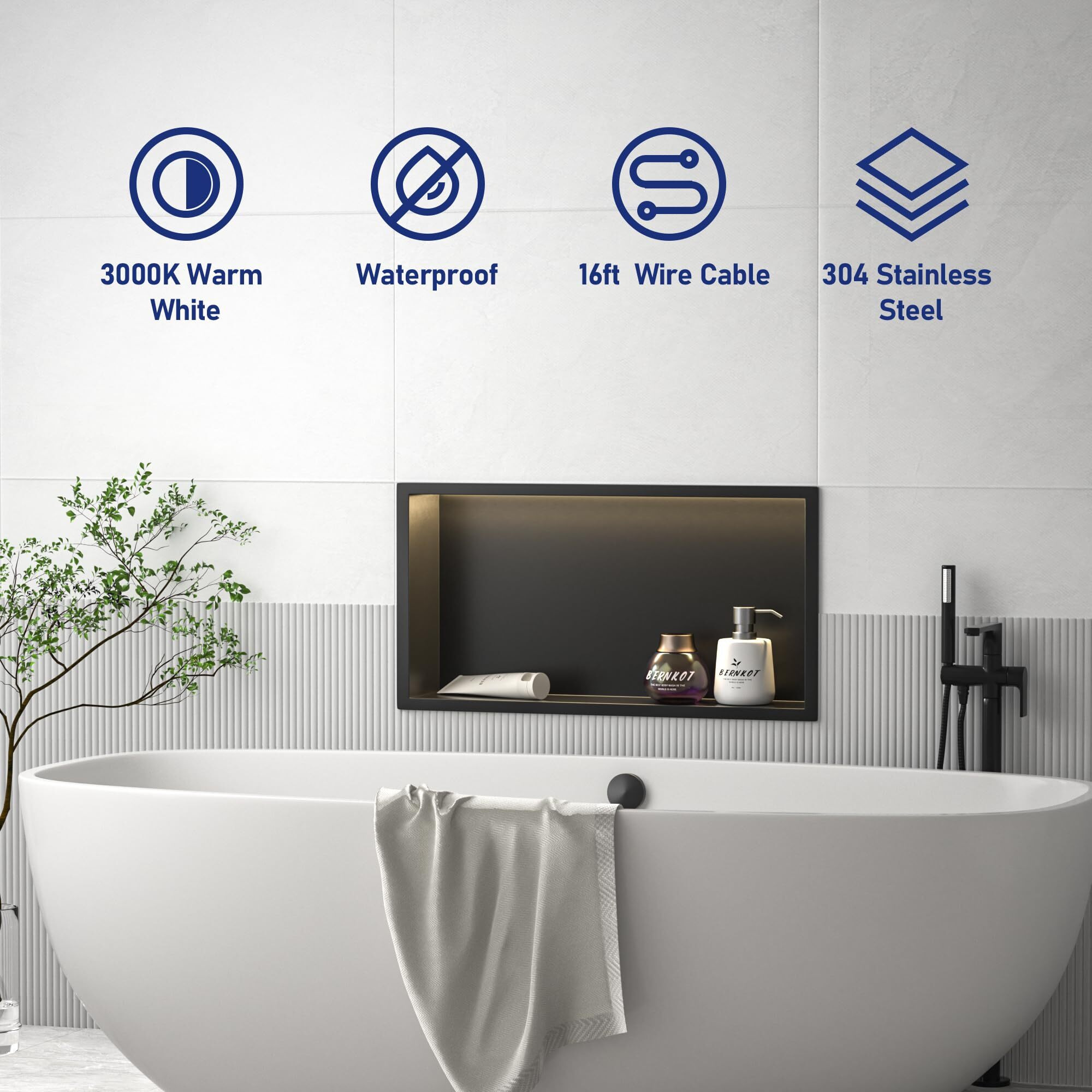 Bernkot Stainless Steel Shower Niche 12"" X 24"" Matte Black With Led Light Waterproof No Tile Needed Wall Niche For Bathroom Storage Over Mount Installation