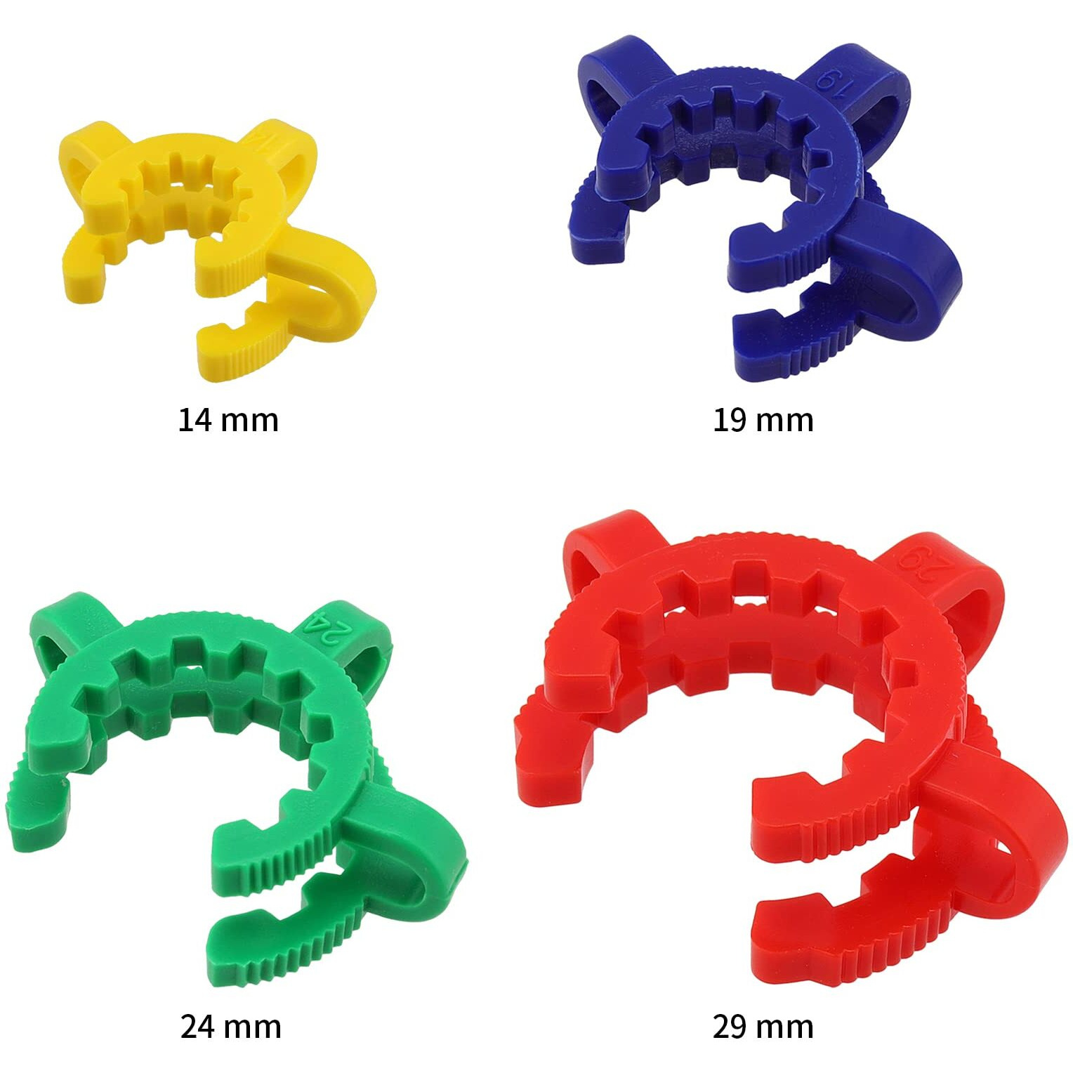 Jeuihau 32 Pcs Plastic Keck Clips  Keck Clamp  Plastic Joint Clips For Glass Standard Conical Interface Joint  14Mm  19Mm  24Mm  29Mm  4 Sizes And 4 Color