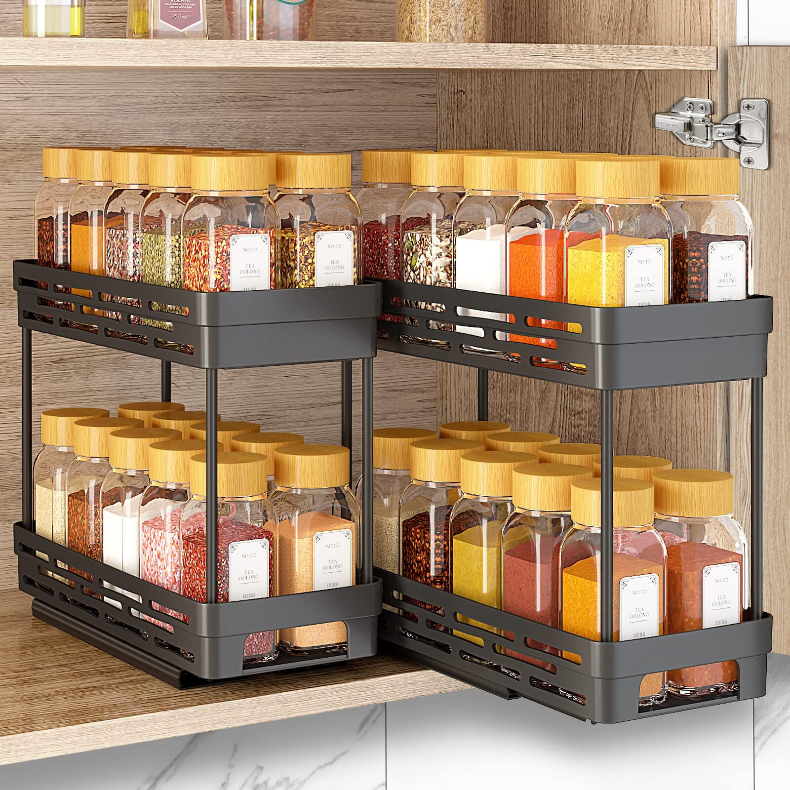 Dabige 2 Packs Pull Out Spice Rack Organizer For Cabinet  Slide Out Spice Racks Organizer  Easy To Install Spice Cabinet Organizers  4.33''Wx10.4''Dx8.5''H  Each Tier Hold 10 Spice Jars - 2 Tier