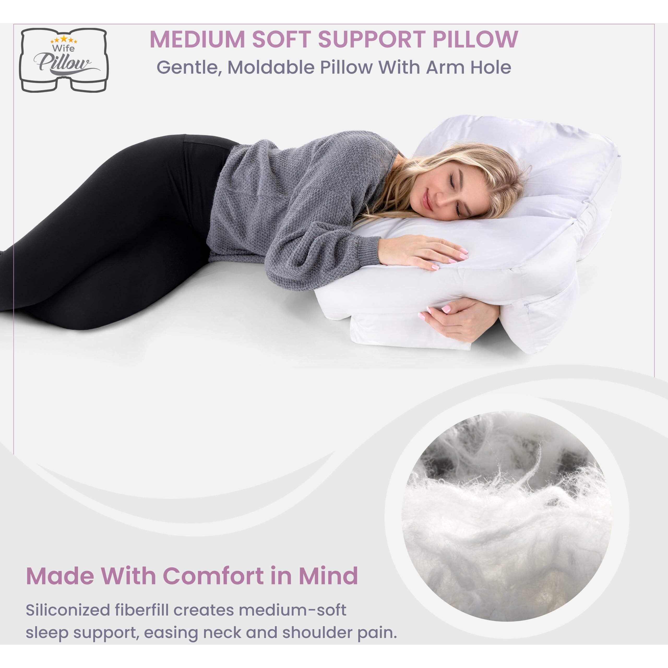Wife Pillow Side Sleeper Pillow With Arm Hole - Shoulder Relief Pillow With Arm Tunnels For Neck And Shoulder Pain For Many Sleeping Positions - Down Alternative Fiber Fill  Medium Soft Support
