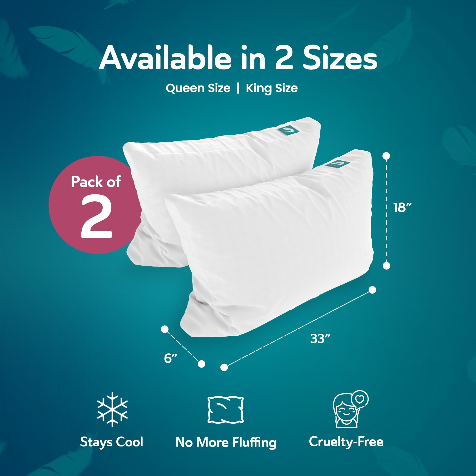 Sleepgram Bed Support King Size Hypoallergenic Cool Sleeping Loft Soft Pillows With Machine Washable Microfiber Covers  White (2 Pack)