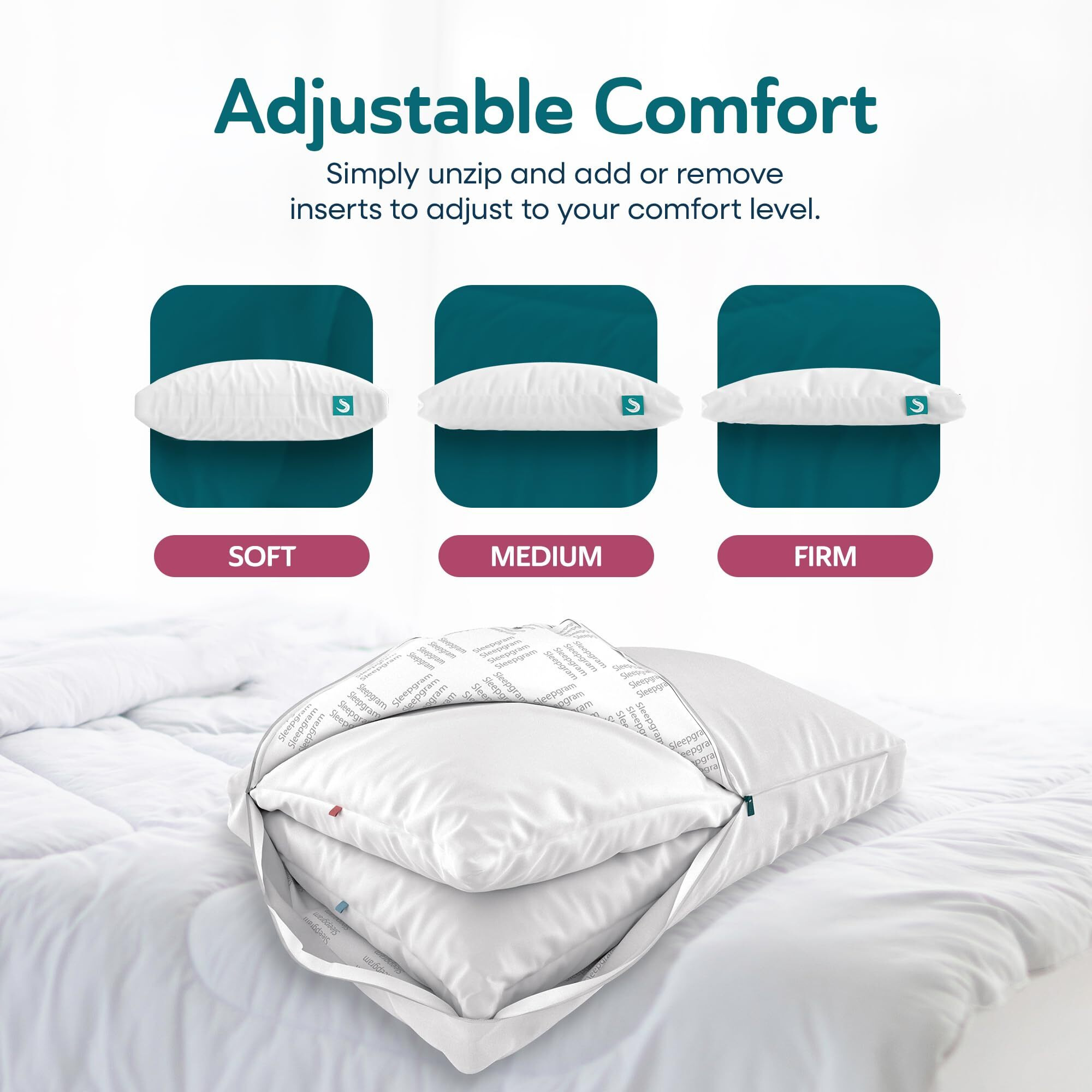 Sleepgram Bed Support King Size Hypoallergenic Cool Sleeping Loft Soft Pillows With Machine Washable Microfiber Covers  White (2 Pack)