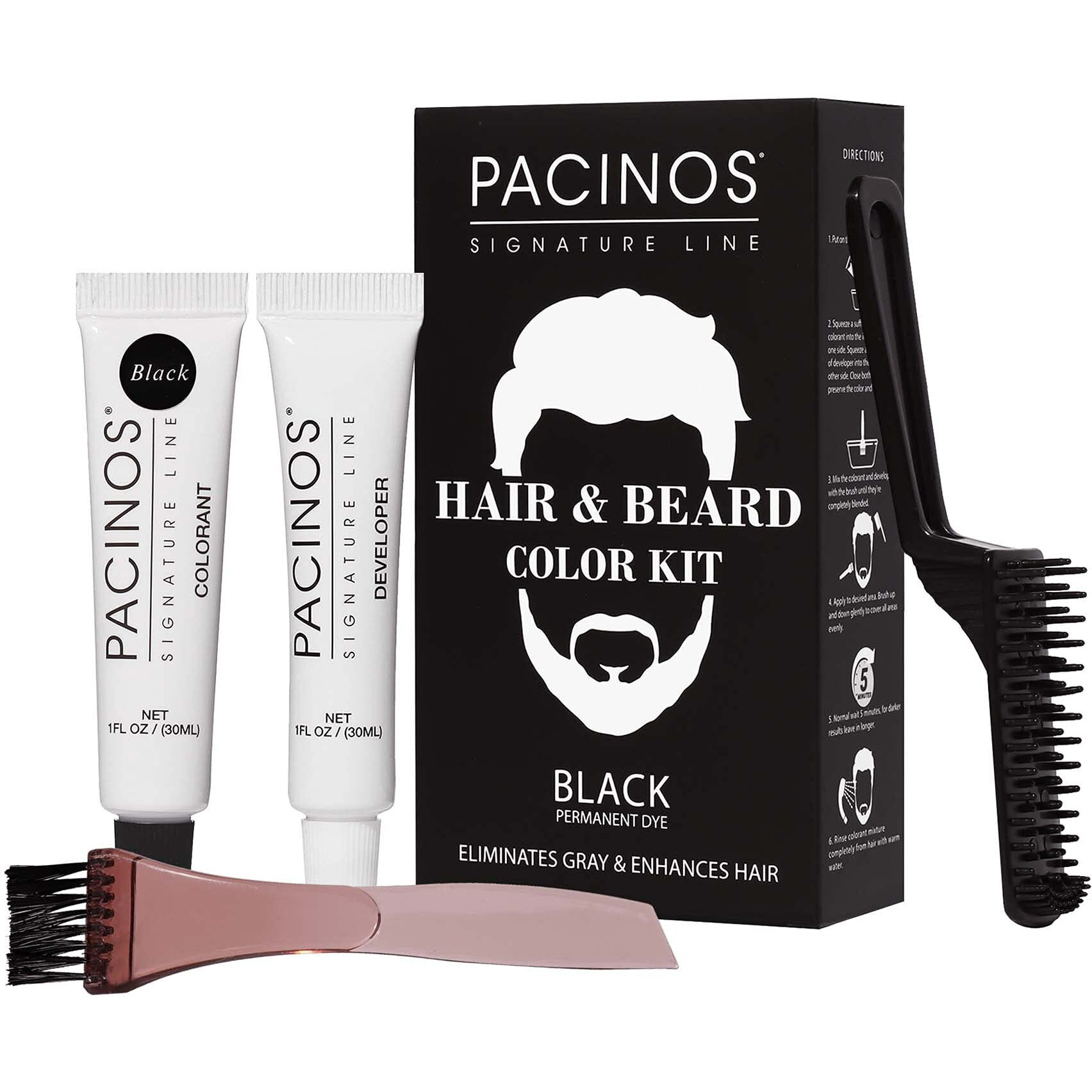 Pacinos Hair & Beard Color Kit (Black) - Hair Color For Men  Eliminates Grays In 5 Minutes  Easy To Apply Brush-In Formula  Enhances Appearance Of Hair For Moustache & Beard