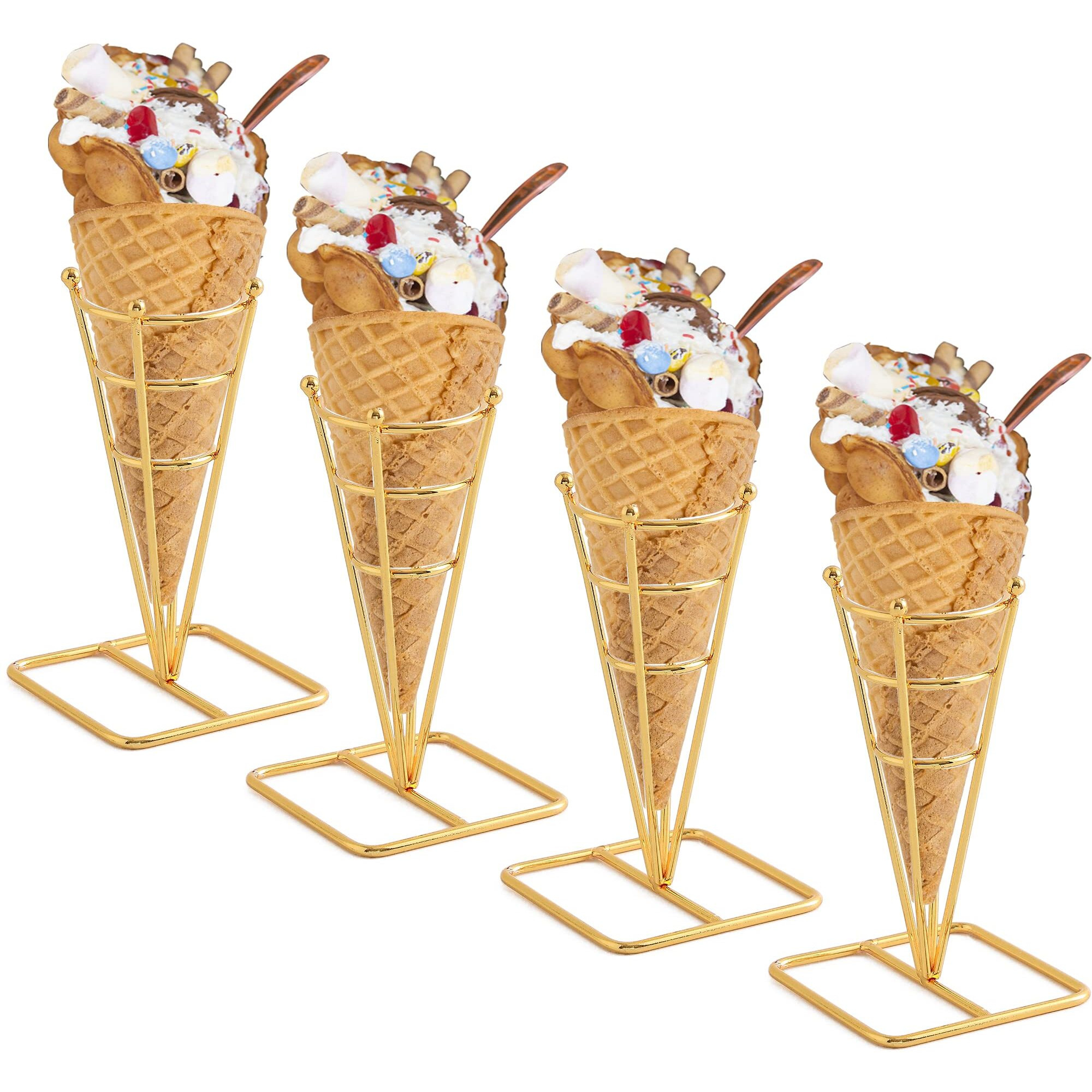 Blbyho Single Metal Gold Ice Cream Cone Holder Stand  Individua Waffle Cone Holder Sushi Hand Roll Stand For Standard Size Ice Cream Cones Appetizer Charcuterie Cones  Sugar Cones  Sushi (4 Pack)
