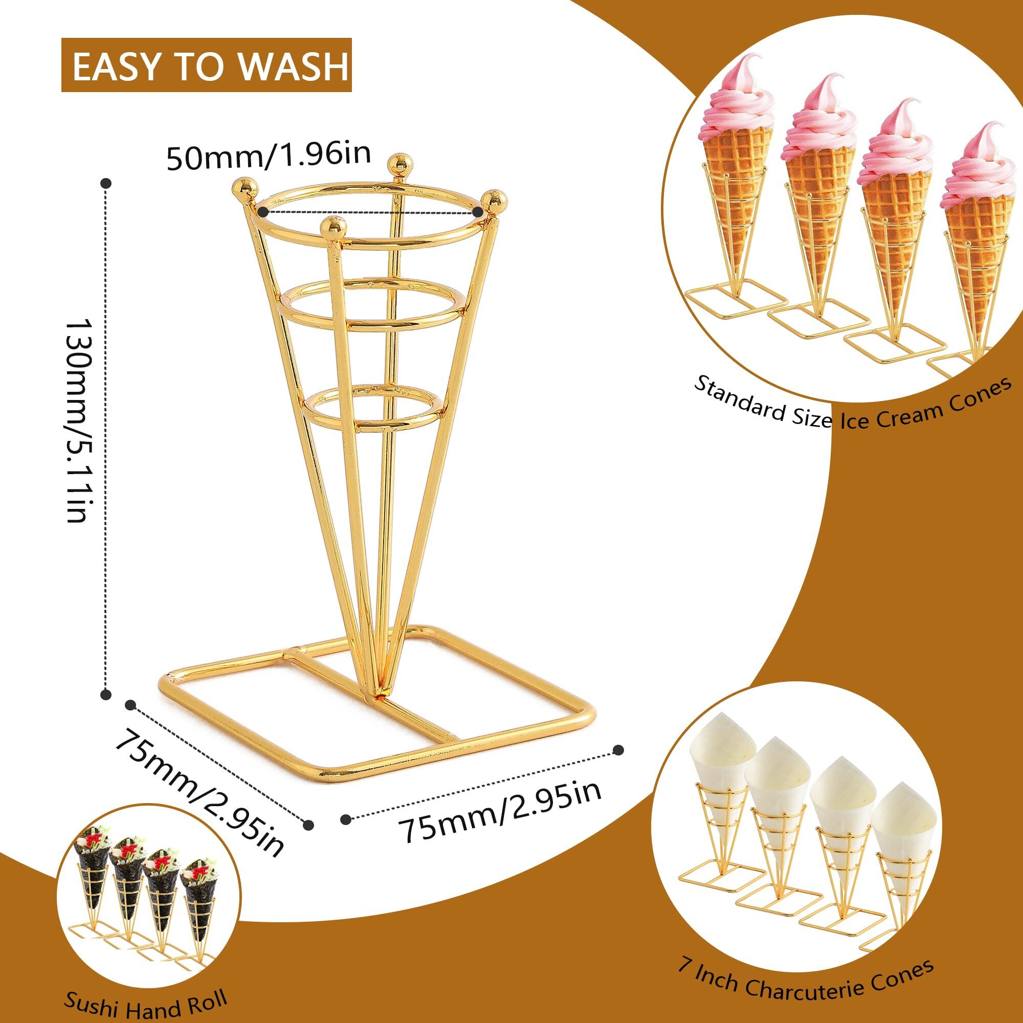 Blbyho Single Metal Gold Ice Cream Cone Holder Stand  Individua Waffle Cone Holder Sushi Hand Roll Stand For Standard Size Ice Cream Cones Appetizer Charcuterie Cones  Sugar Cones  Sushi (4 Pack)