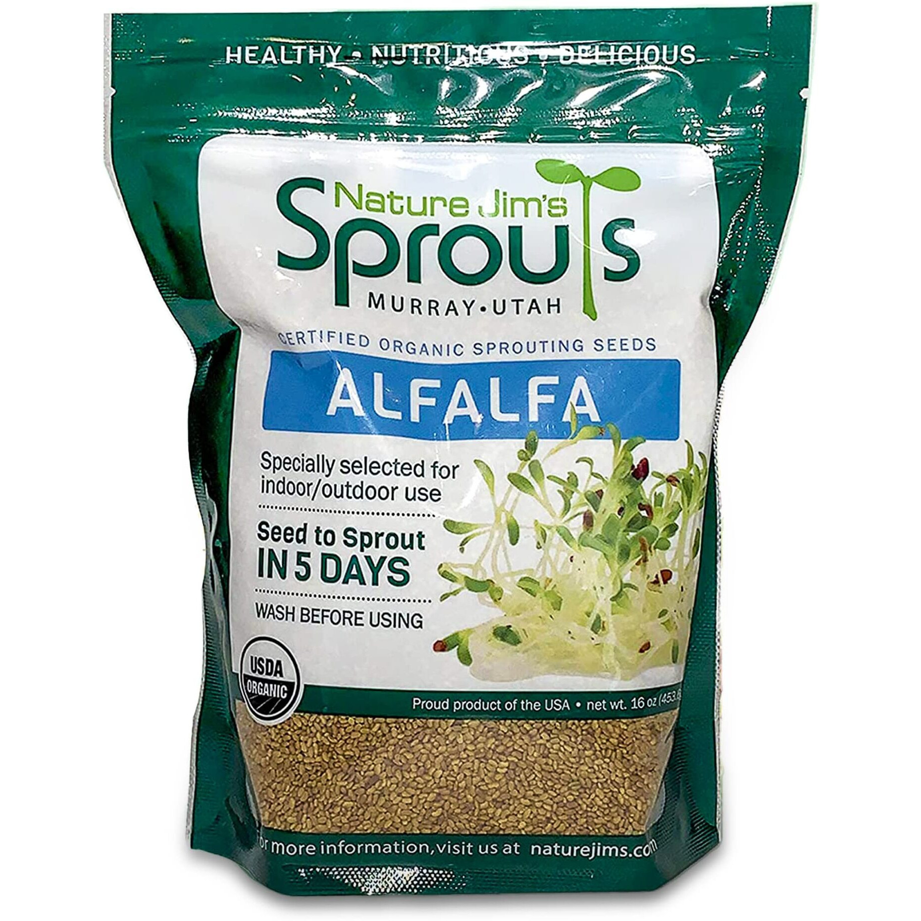 Nature Jims Sprouts Alfalfa Seeds - 16 Oz Organic Sprouting Seeds - Non-Gmo Premium Alfalfa Seeds - Resealable Bag For Longer Freshness - Rich In Vitamins  Minerals  Fiber