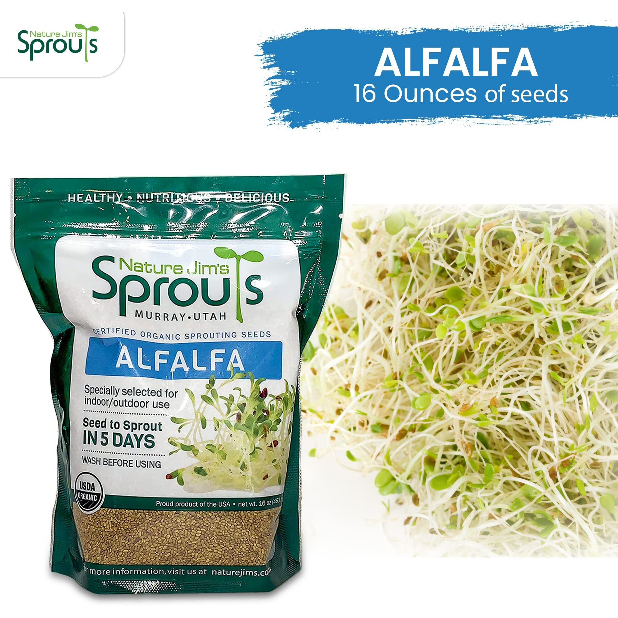 Nature Jims Sprouts Alfalfa Seeds - 16 Oz Organic Sprouting Seeds - Non-Gmo Premium Alfalfa Seeds - Resealable Bag For Longer Freshness - Rich In Vitamins  Minerals  Fiber