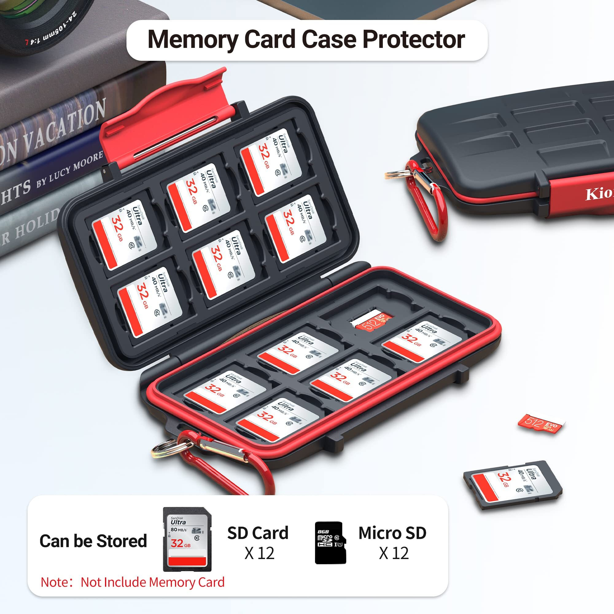 Kiorafoto Professional Water-Resistant Anti-Shock Holder Storage Sd Sdhc Sdxc Tf Memory Card Case Protector Cover With Carabiner For 12Sd Cards & 12 Micro Sd Cards