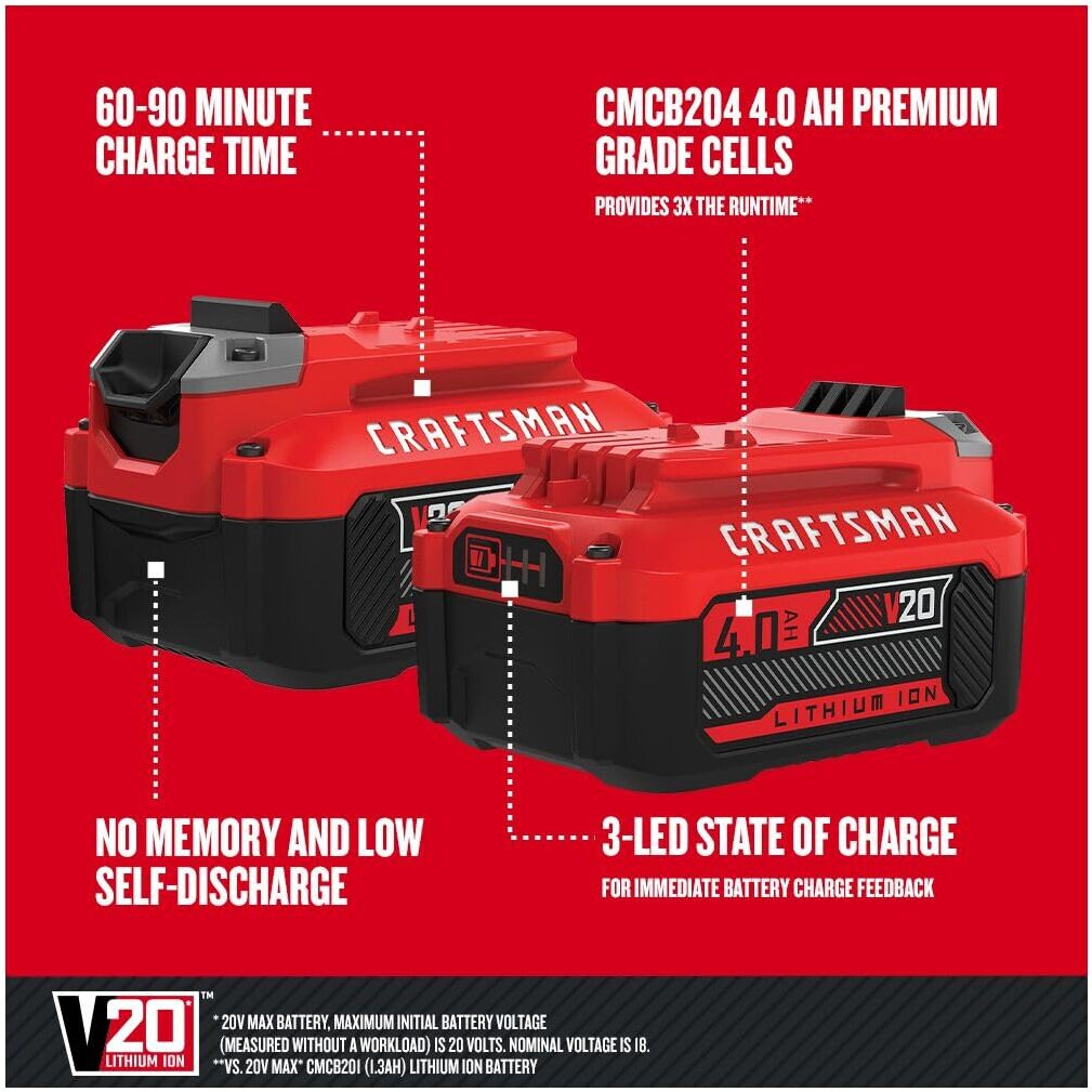 Craftsman V20 Lithium Ion Battery  4.0-Amp Hour  2 Pack  Led Charge Indicator (Cmcb204-2)