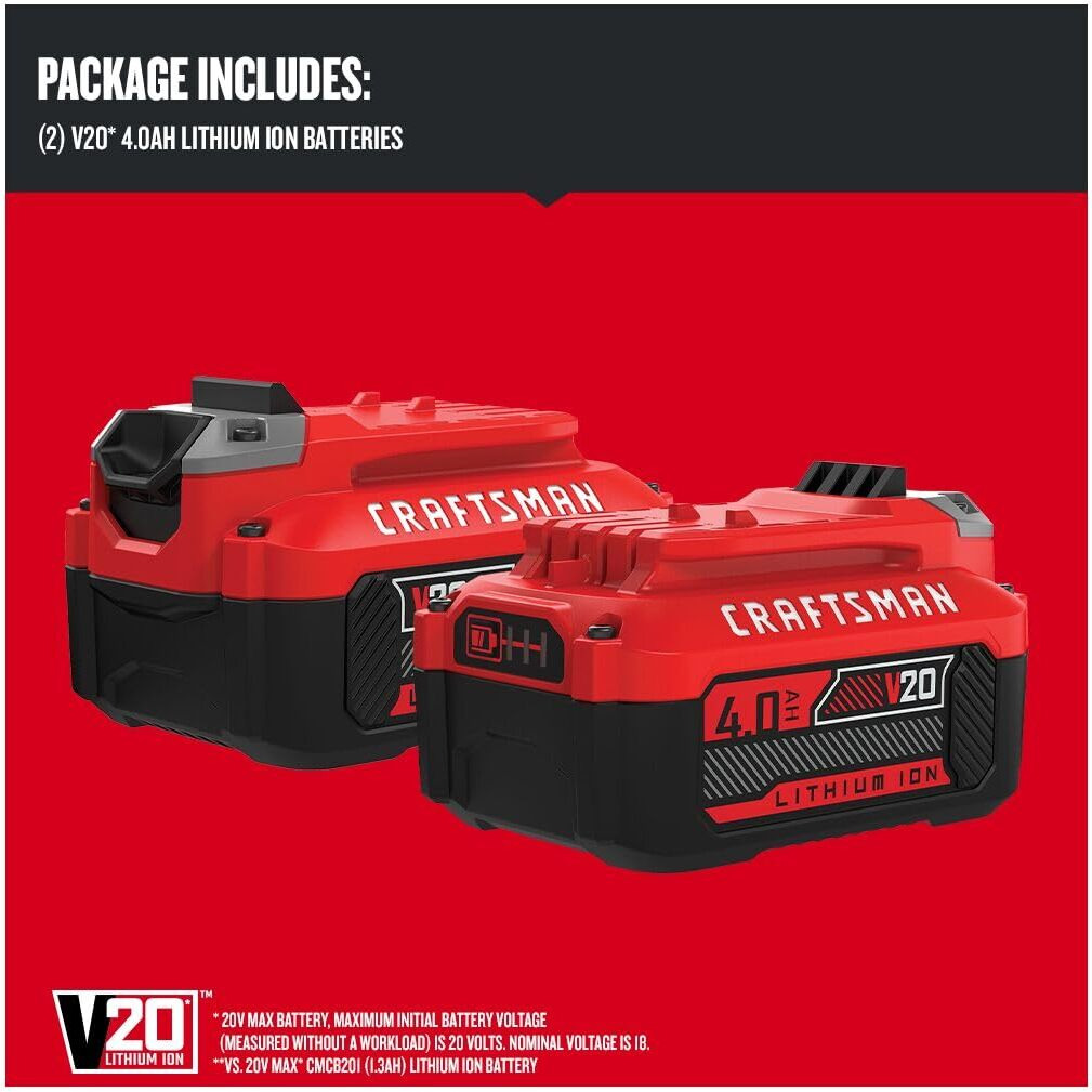 Craftsman V20 Lithium Ion Battery  4.0-Amp Hour  2 Pack  Led Charge Indicator (Cmcb204-2)