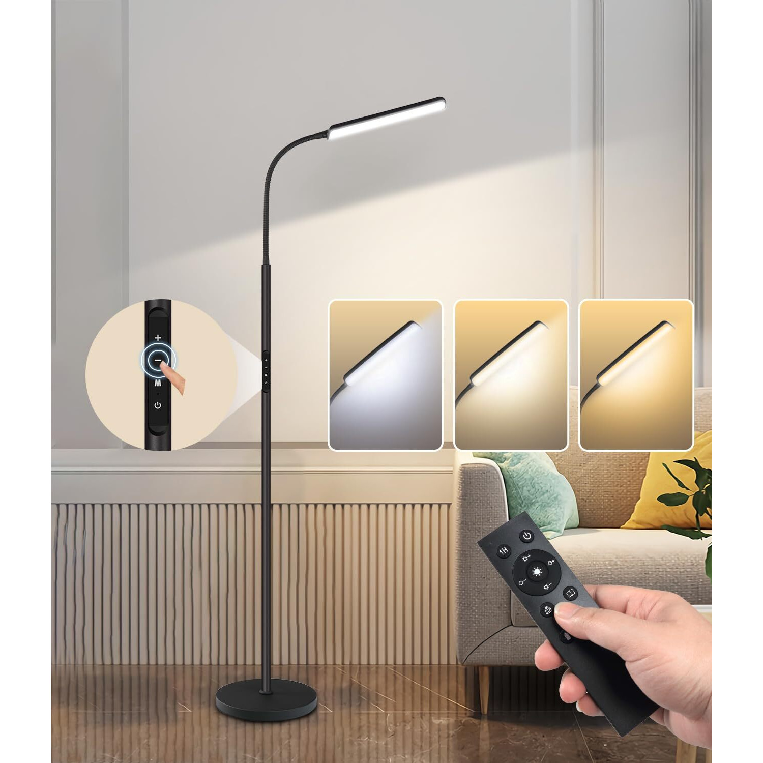 Dimunt Led Floor Lamp  Bright 15W Floor Lamps For Living Room With 1H Timer  Stepless Adjustable 3000K-6000K Colors & Brightness Standing Lamp With Remote & Touch Control Reading Floor Lamps