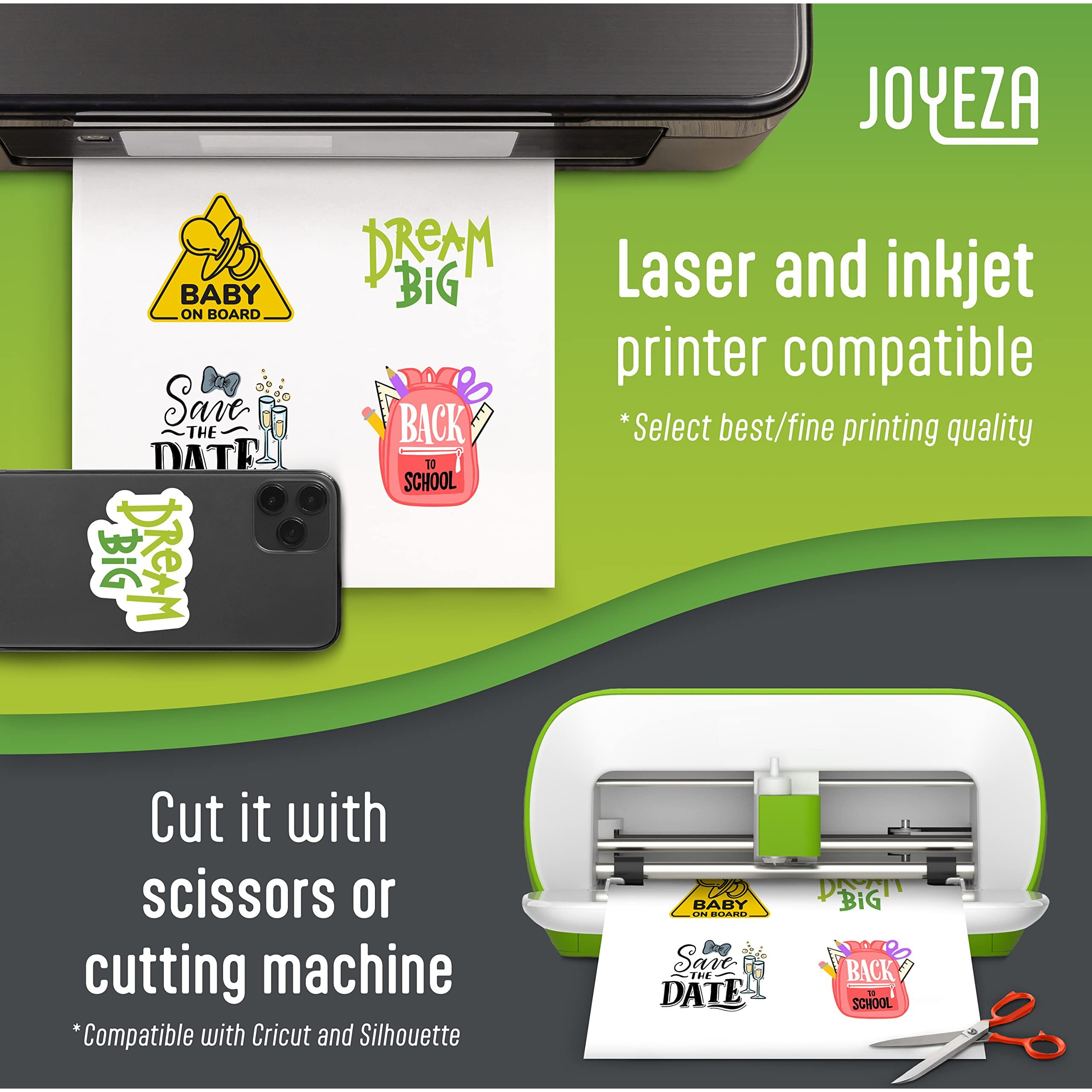Joyeza Premium Printable Vinyl Sticker Paper For Inkjet Printer - 80 Sheets Matte White Waterproof  Dries Quickly Vivid Colors  Holds Ink Well- Tear Resistant - Inkjet & Laser Printer