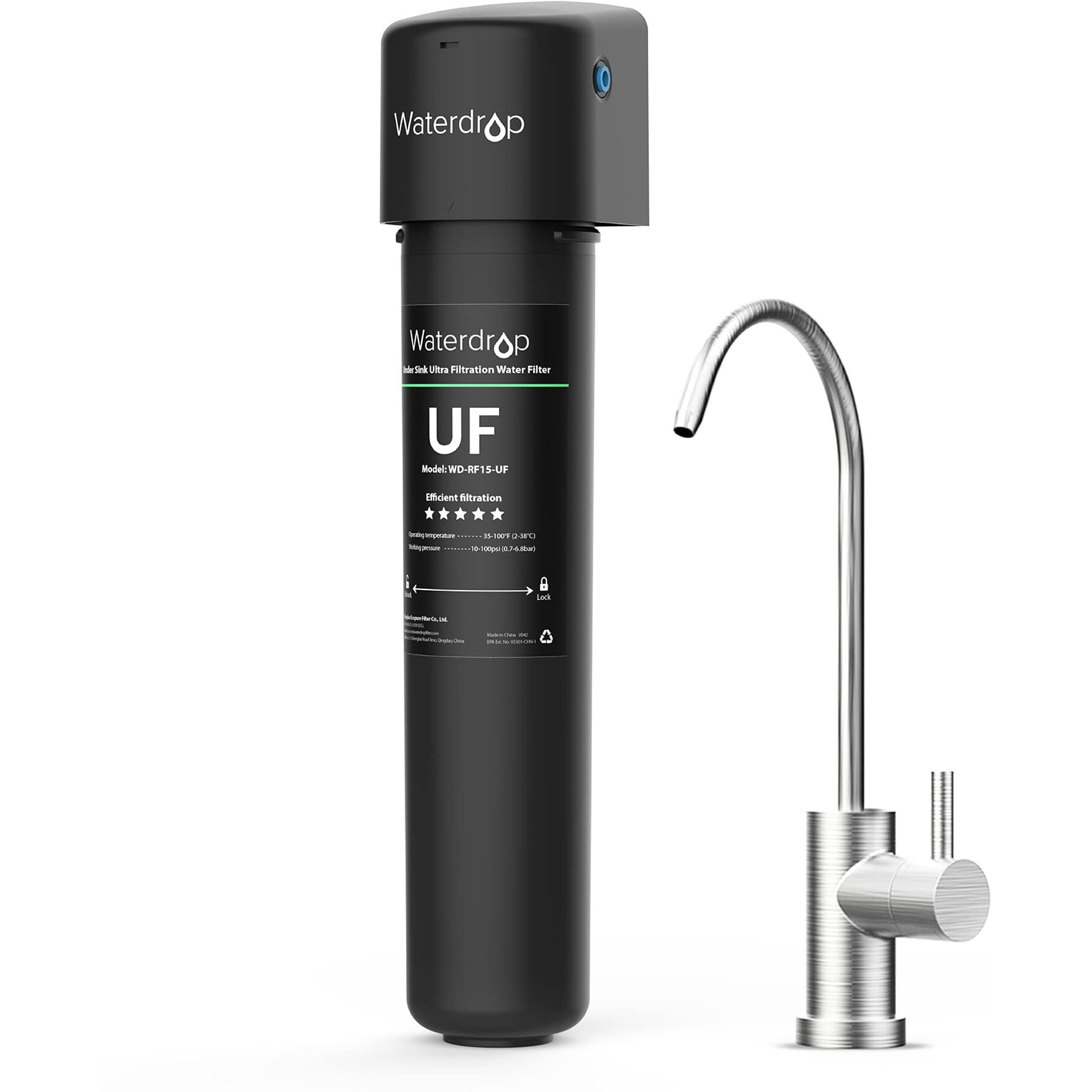 Waterdrop 15Ub-Uf 0.01 M Ultra Filtration Under Sink Water Filter System For BatRia Reduction  Reduces Lead  Chlorine  Bad Taste & Odor  16K Gallons  With Dedicated Brushed Nickel Faucet  Usa Tech