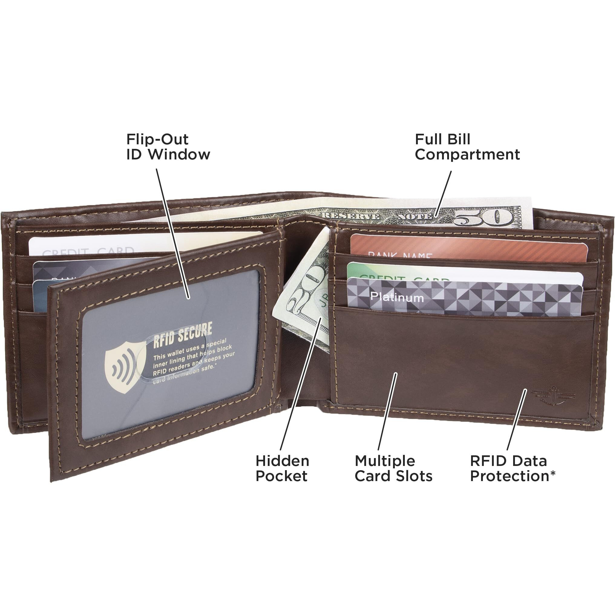 Dockers Men's Extra Capacity Bifold Wallet-Id Window And Multiple Card Slots  Brown  One Size