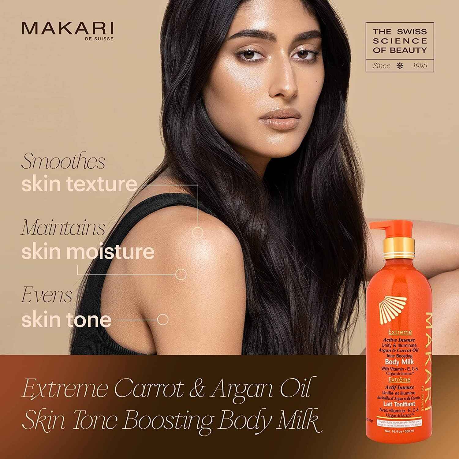 Makari Extreme Active Intense Carrot & Argan Oil Body Milk (16.8 Oz) | Unify & Illuminate | Tone-Boosting Body Lotion With Vitamins E And C | Helps Brighten Skin Tone | Promotes Even Complexion