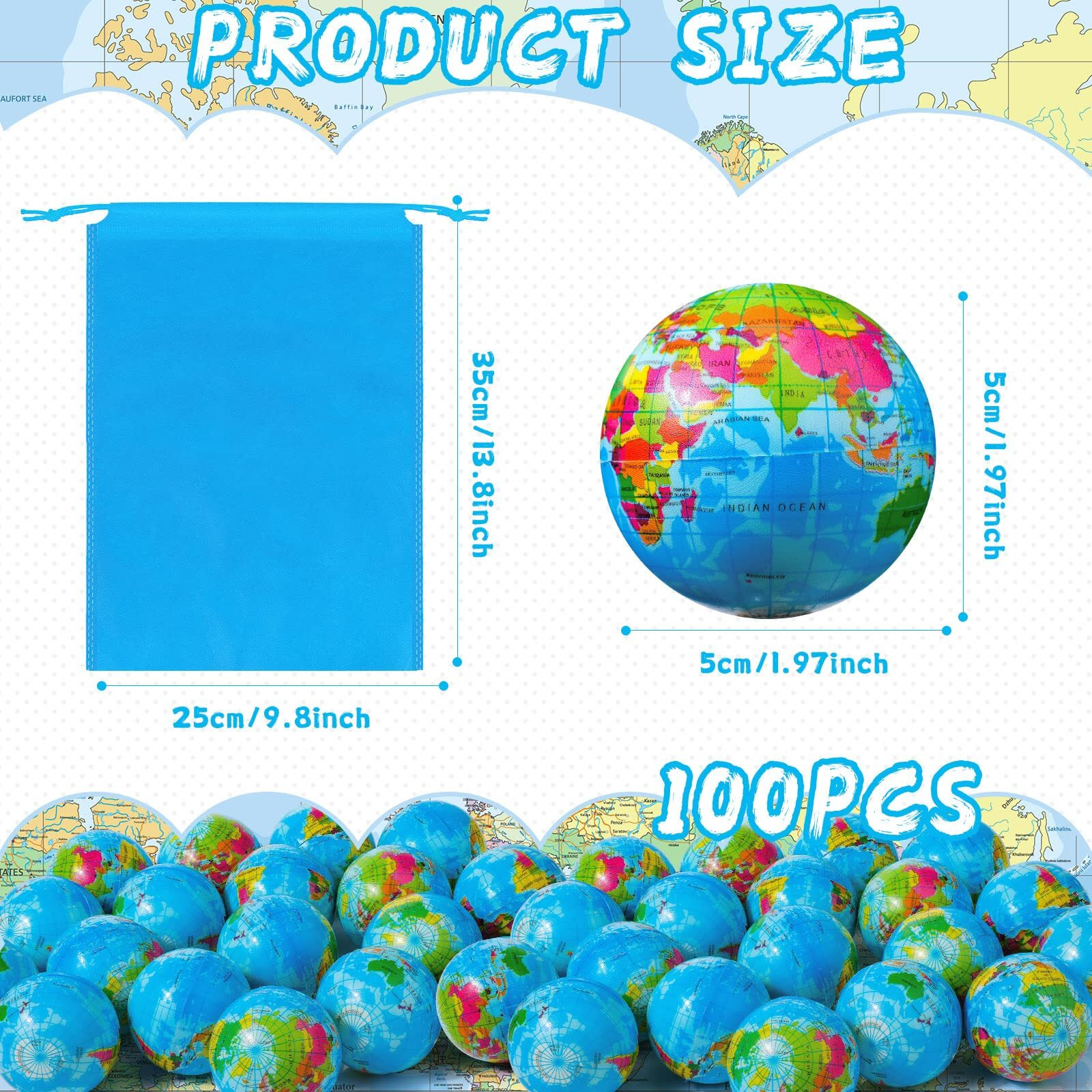 100 Pcs Mini Globe Stress Balls 2 Inch World Earth Relief Stress Balls Mini Foam Ball Bulk For Finger Exercise School Carnival Reward Party Gift Bag Stress Relief Toys