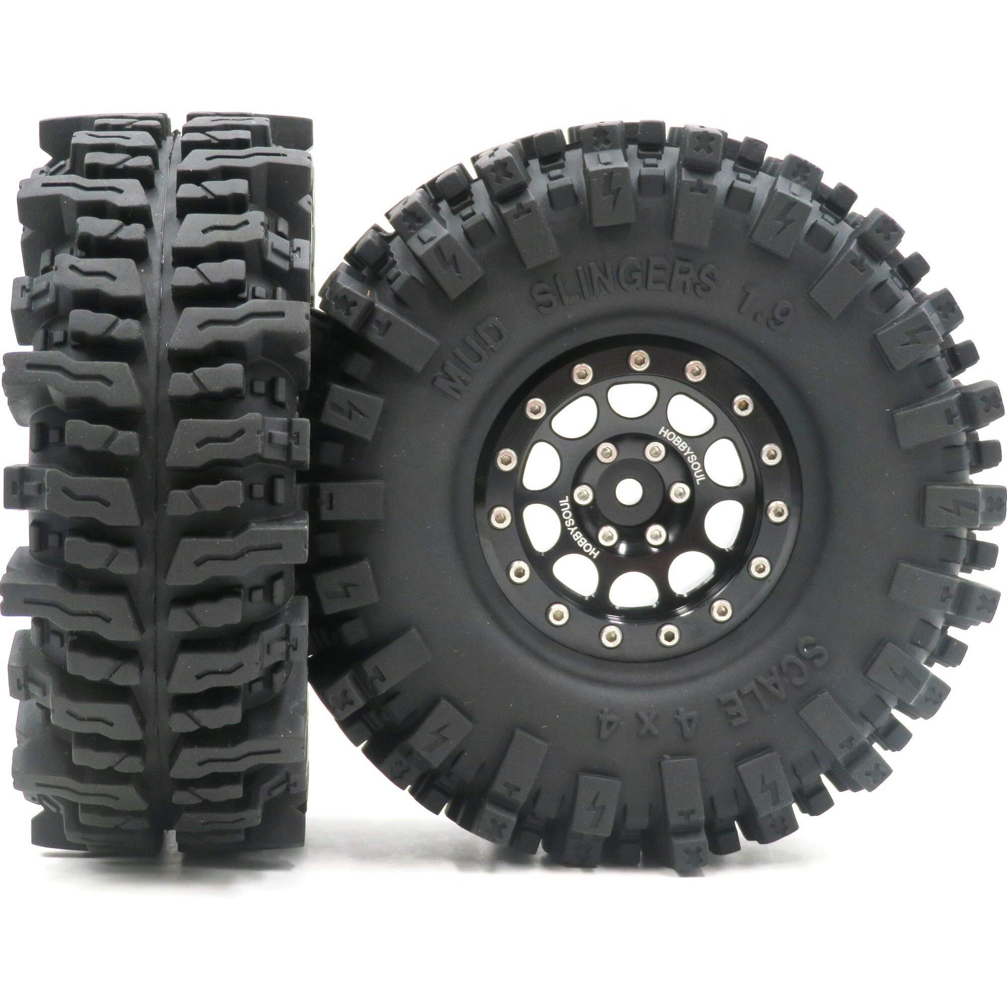 Hobbysoul 1.9 Mud Slingers Tires Super Grip Sticky Tyre 120Mm / 4.72'' Tall & 1.9 Beadlock Wheels Rims Hex 12Mm Black For 1/10 Crawler Traxxas Trx4 Axial Scx10 Redcat Gen8 Upgarde  (4-Pack)