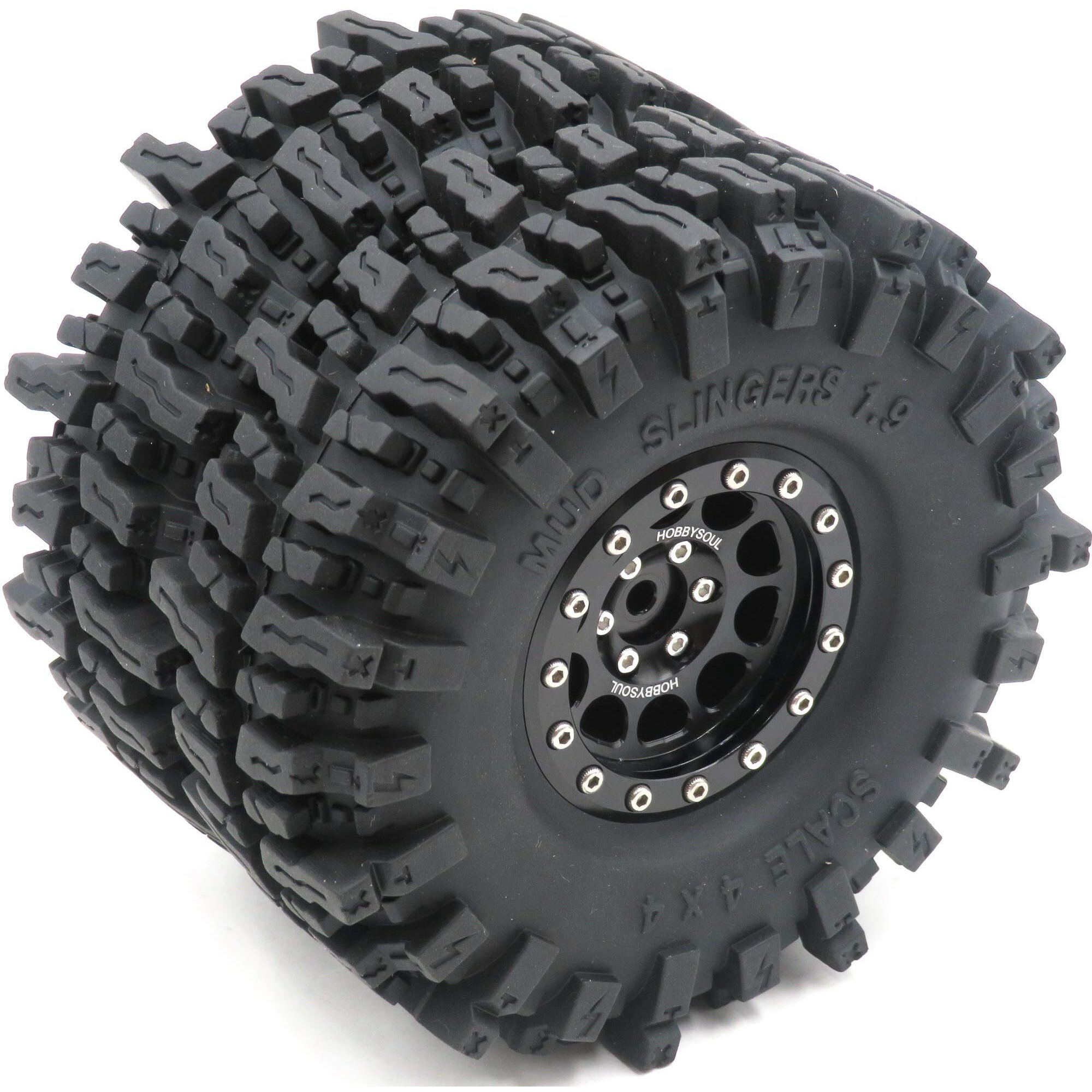 Hobbysoul 1.9 Mud Slingers Tires Super Grip Sticky Tyre 120Mm / 4.72'' Tall & 1.9 Beadlock Wheels Rims Hex 12Mm Black For 1/10 Crawler Traxxas Trx4 Axial Scx10 Redcat Gen8 Upgarde  (4-Pack)