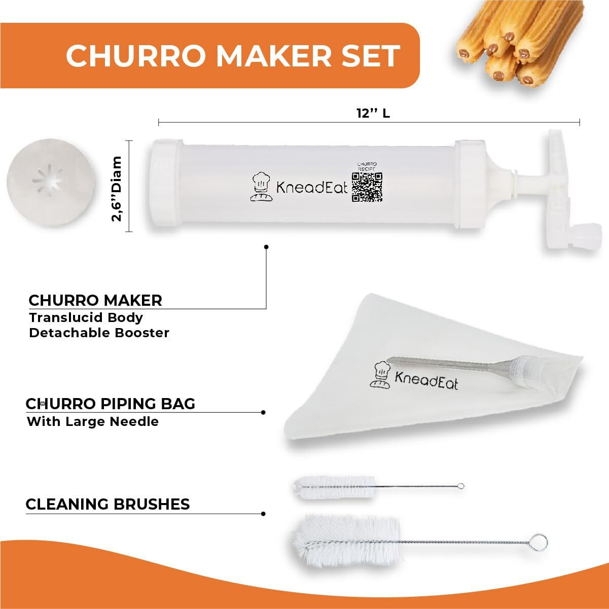 Kneadeat Churro Maker Machine Churrera And Piping Bag Churros Filler. Easy Qr-Recipe To Prepare And Fill Your Own Churros At Home.