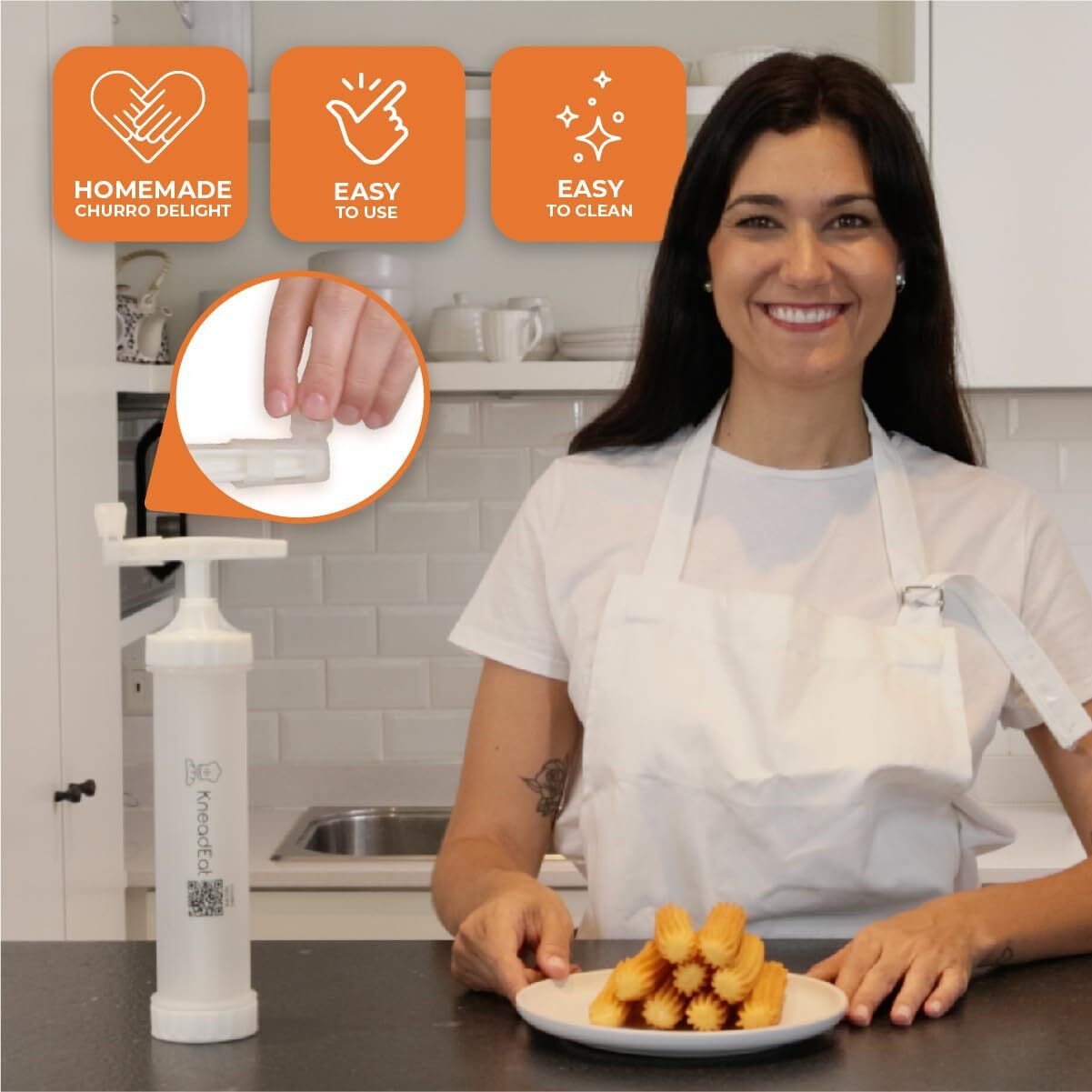 Kneadeat Churro Maker Machine Churrera And Piping Bag Churros Filler. Easy Qr-Recipe To Prepare And Fill Your Own Churros At Home.