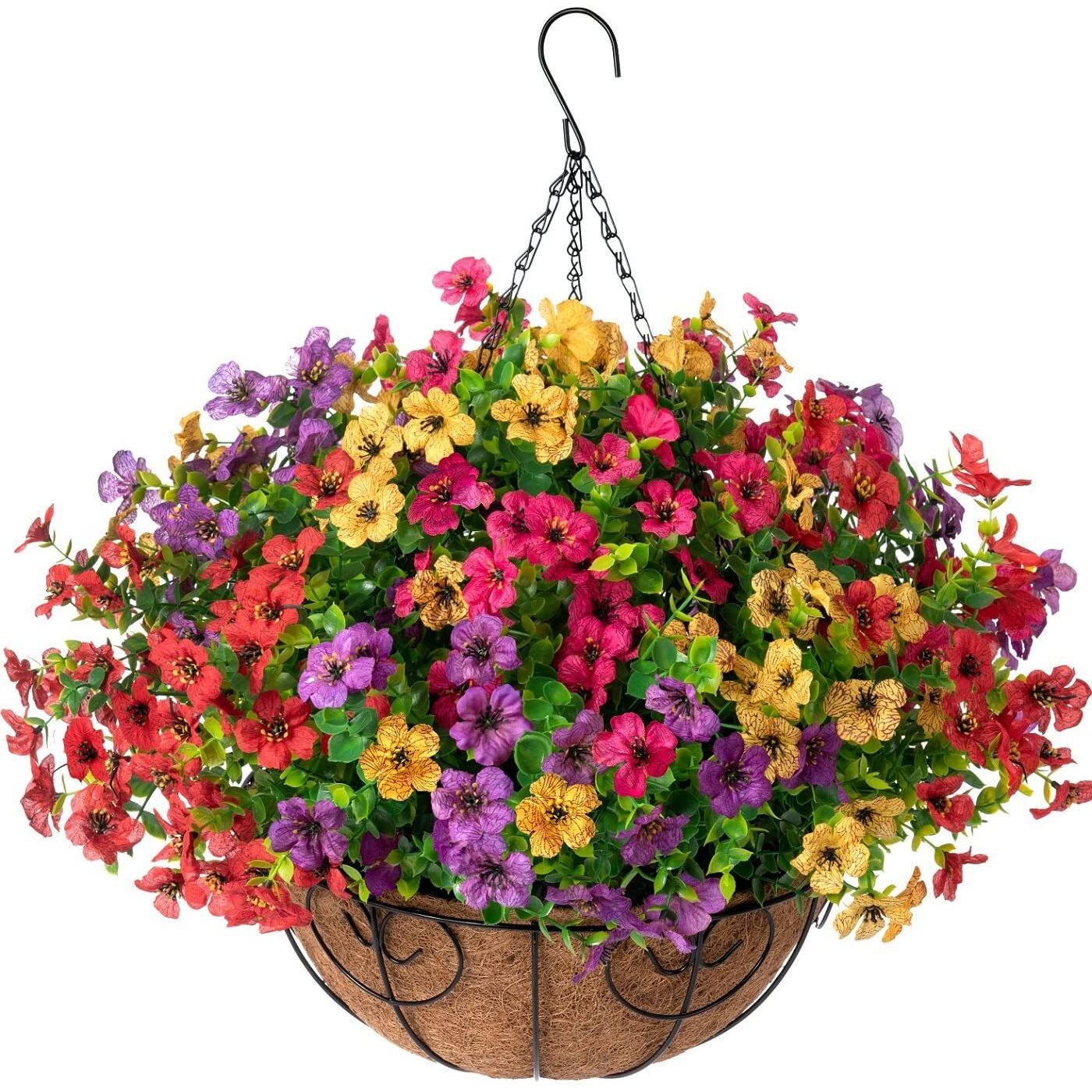 Hyeflora Artificial Faux Hanging Plants Flowers Basket For Summer Outdoor Outside Decoration  Fake Silk Uv Sun Resistant Look Real Colorful Daisy Eucalyptus For Porch Home Patio Balcony Yard