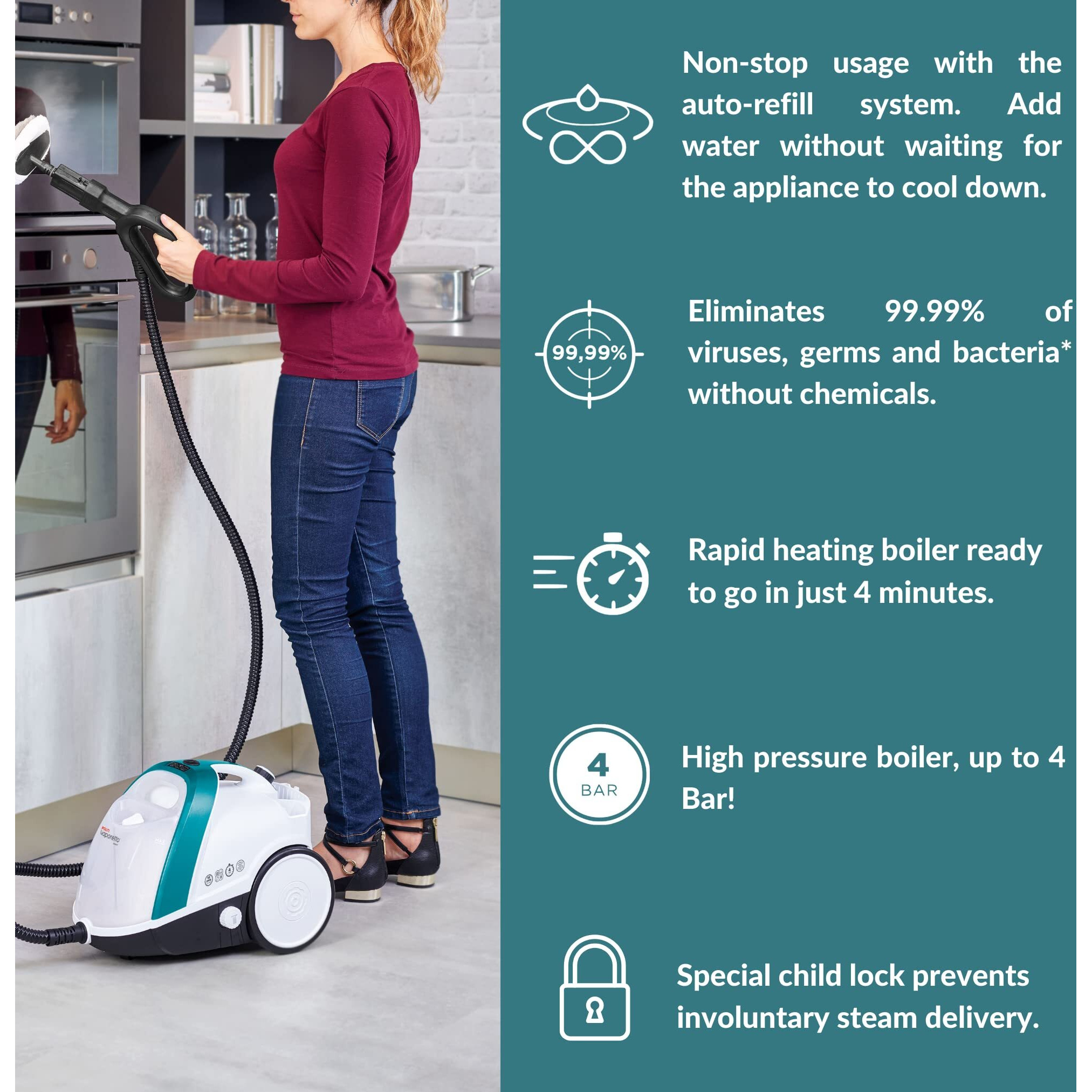 Polti Vaporetto Smart 100 Steam Cleaner With Continuous Fill  Sanitize  Clean Floors  Carpets And Other Surfaces Adjustable High Power Steam Pressure Up To 58 Psi With 10 Accessories 2 Year Warranty