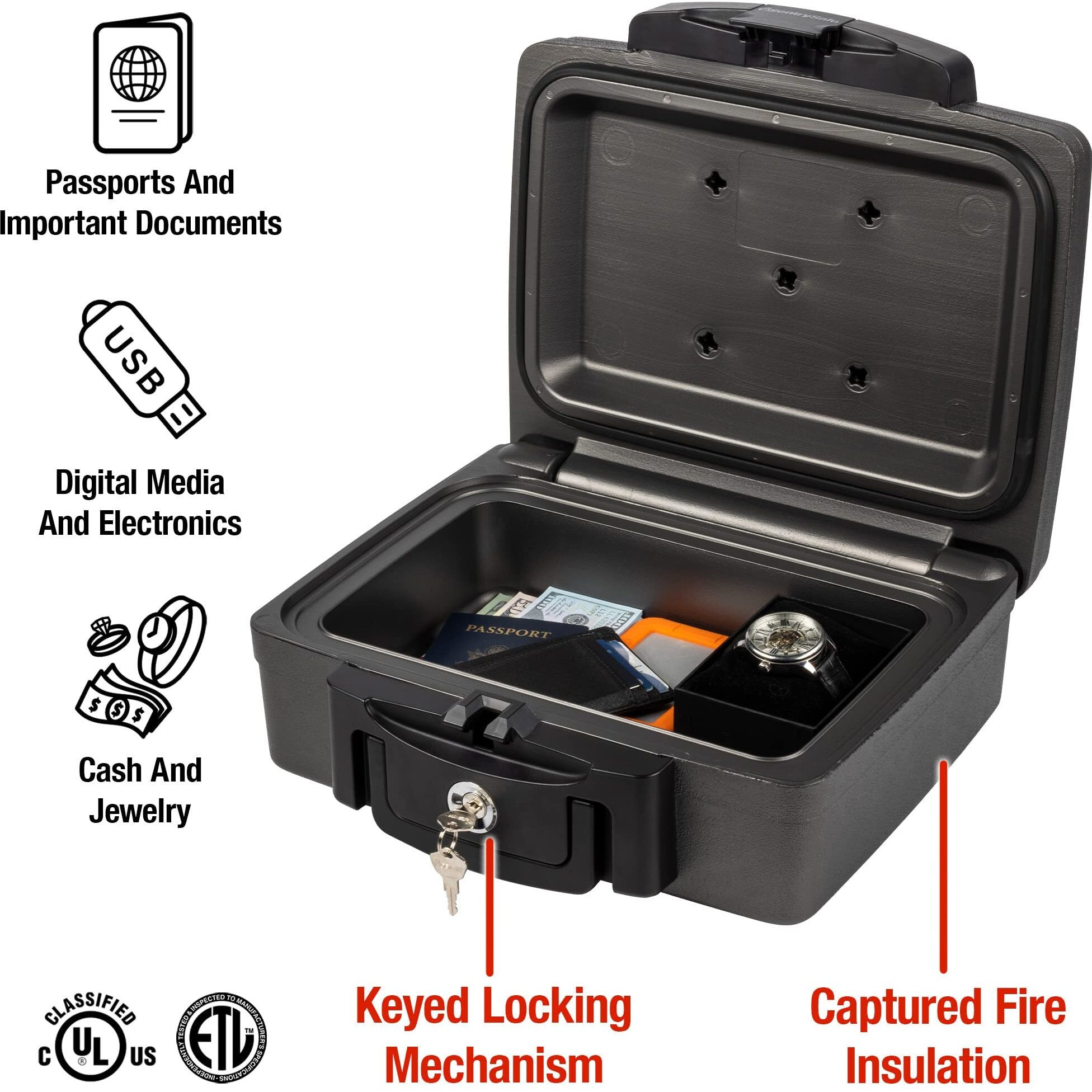 Sentrysafe Fireproof And Waterproof Safe  Black Portable Lock Box With Key Lock And Carrying Handle For Money  Passport  Exterior 14.3 In W X 13 In D X 6.1 In H  H0100