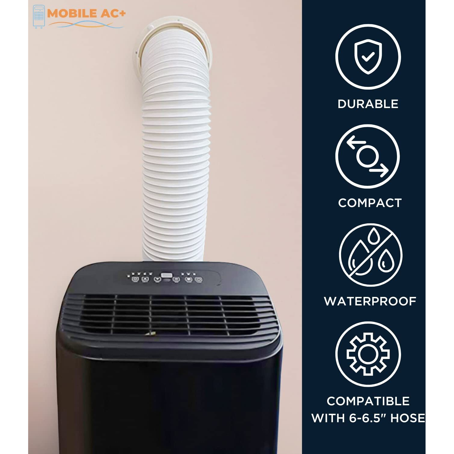 Mobile Ac+ Dual Size Wall Mount Connector For Portable Ac Vent  6 And 6.5 Inches Hose Compatible  White  Cover Plug Included  Omni-Directional