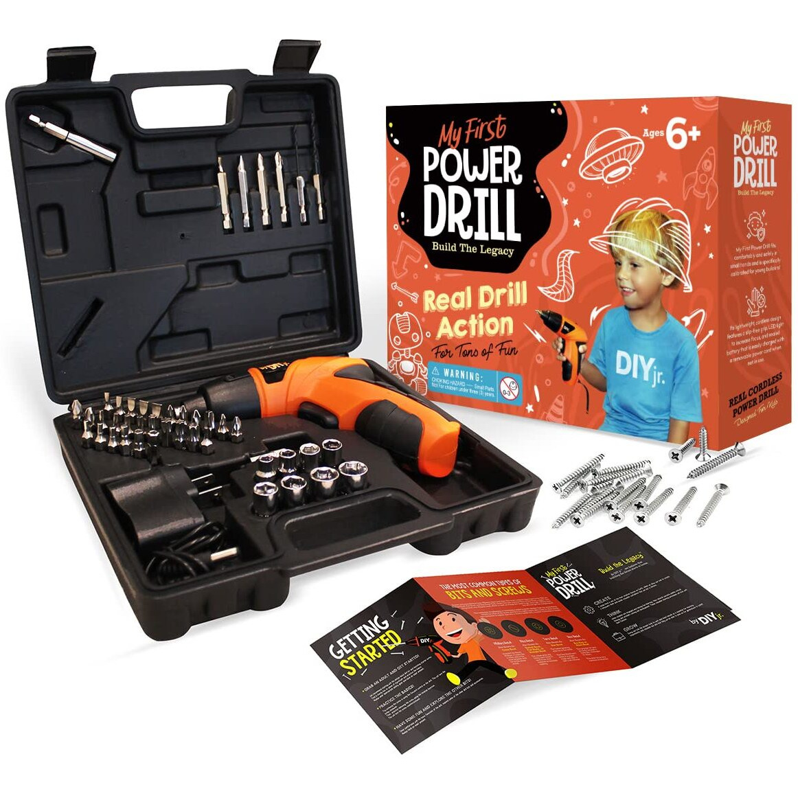 My First Power Drill Set - Real Cordless Drill For Boys And Girls - Lightweight  Led Light  Child Size Kit  Carrying Case  Includes Bits  Charger  5 Year Warranty