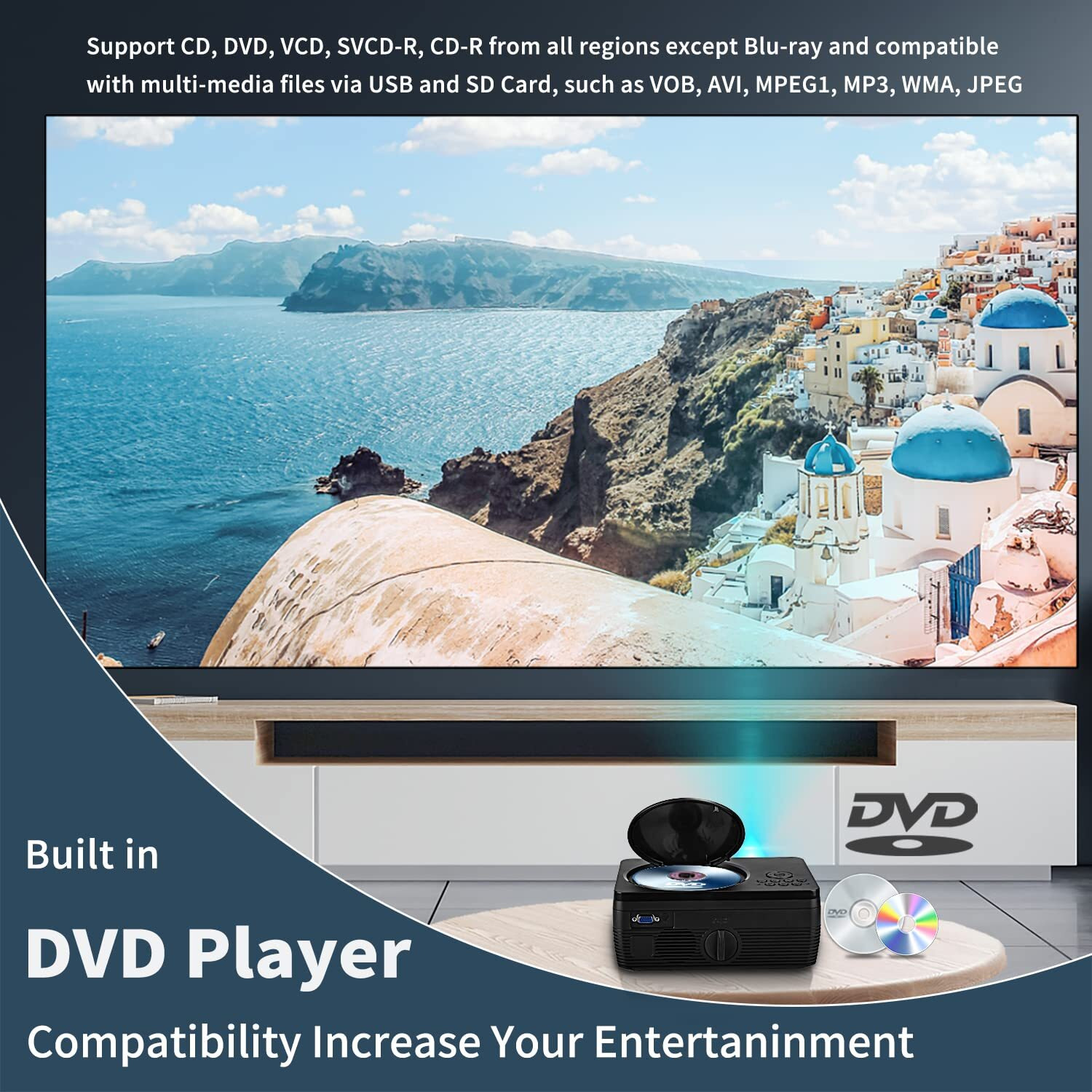 Dvd Projector Portable Built In Dvd Player Hd 1080P Supported Movie Projector For Outdoor Use Compatible With Hdmi  Usb  Av  Tf  Vga  Tv Stick