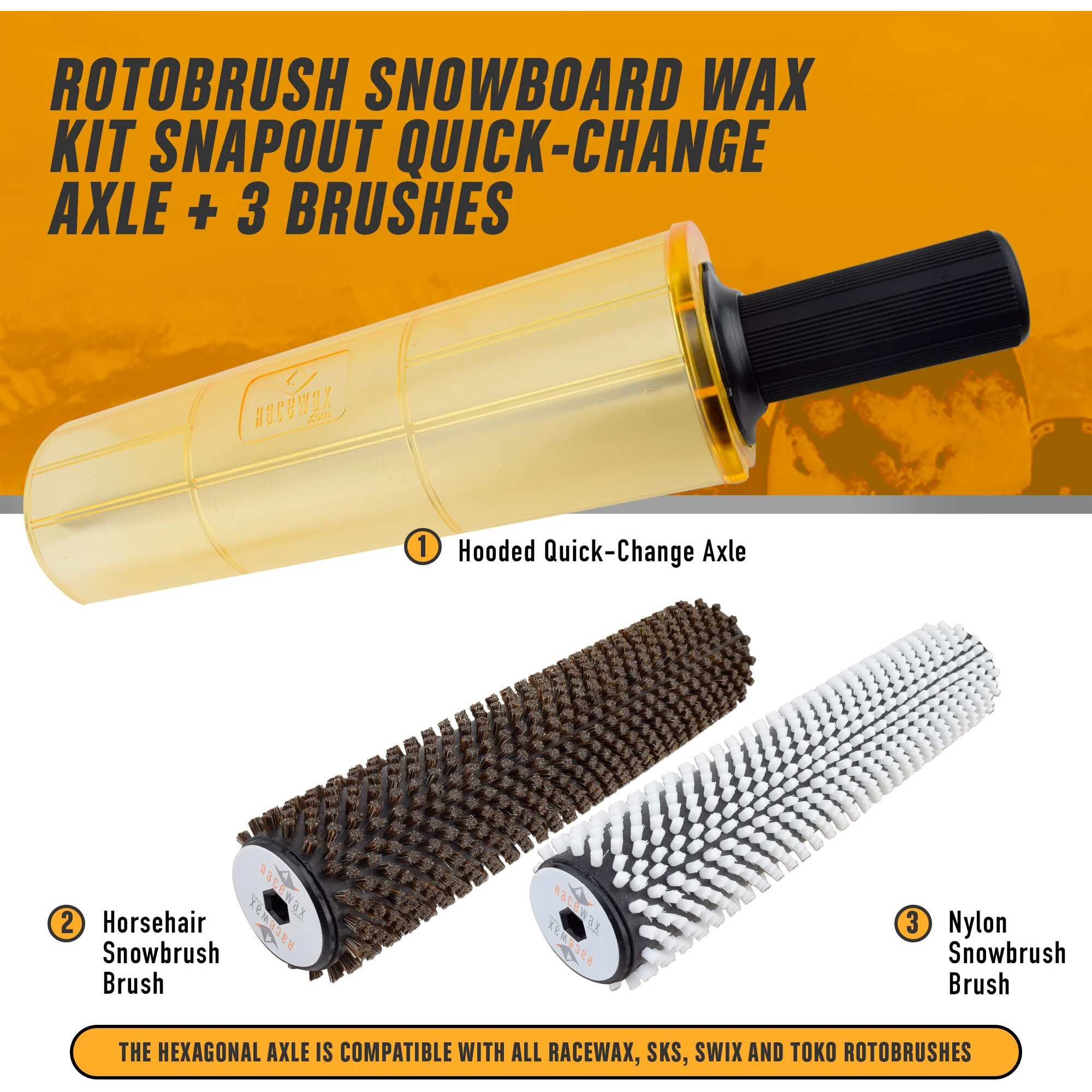 Racewax Snowboard 300Mm Roto Brush Wax Kit Axle-Shield With Nylon And Horsehair Brush - Snowboard Waxing Kit - (Zl-7000)
