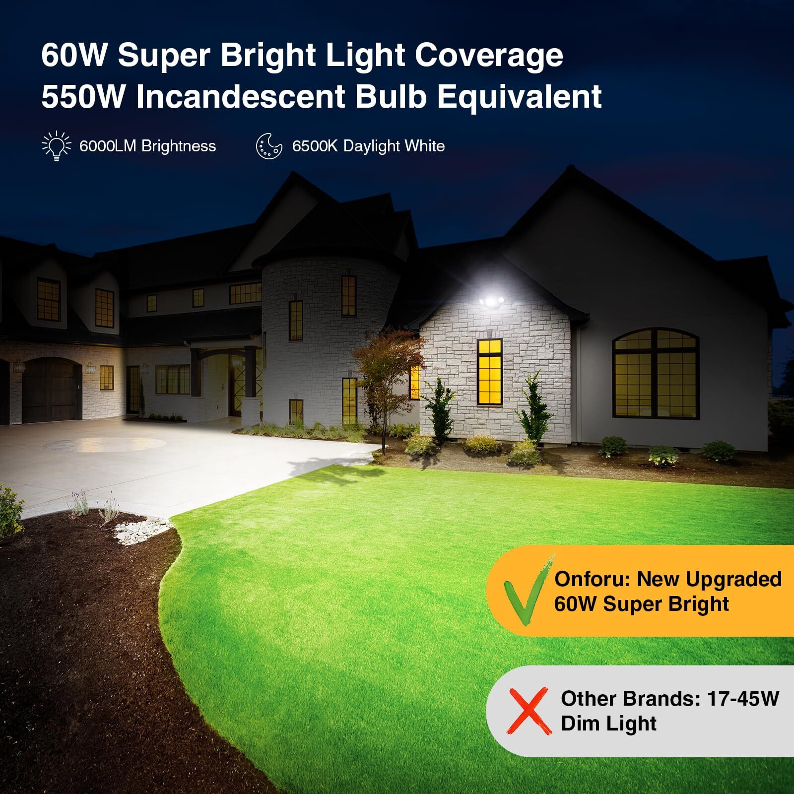 Onforu 60W Led Dusk To Dawn Outdoor Lighting  6000Lm Exterior Flood Lights  Ip65 Waterproof Outdoor 3 Adjustable Heads Photocell Lights Fixture  6500K Daylight Floodlights For Garage  Patio  Yard