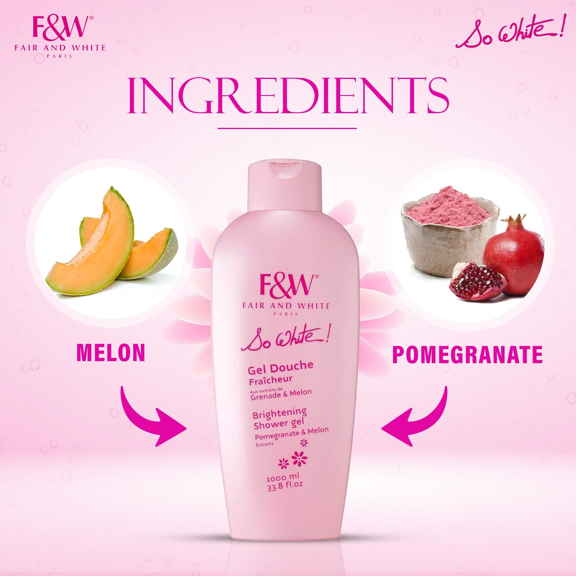 Fair And White So White Refreshing Brightening Body Wash - 1000Ml / 33.8 Fl Oz - Daily Moisturizing Skin Shower Gel  With Pomegranate & Melon Extracts