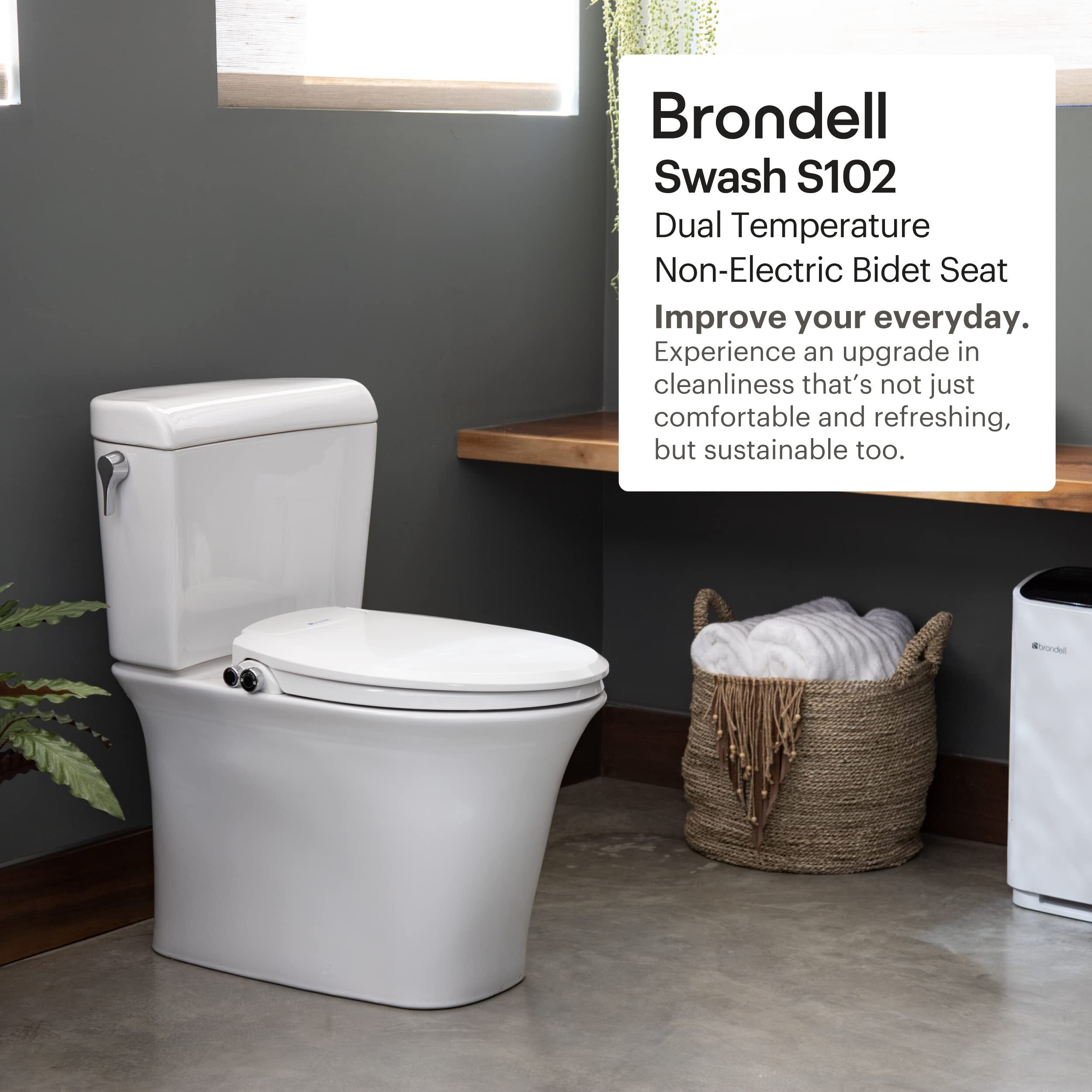 Brondell Swash Bidet Toilet Seat  Non-Electric  Dual Temperature  Fits Round Toilets  White - Dual Nozzle System - With Easy Installation